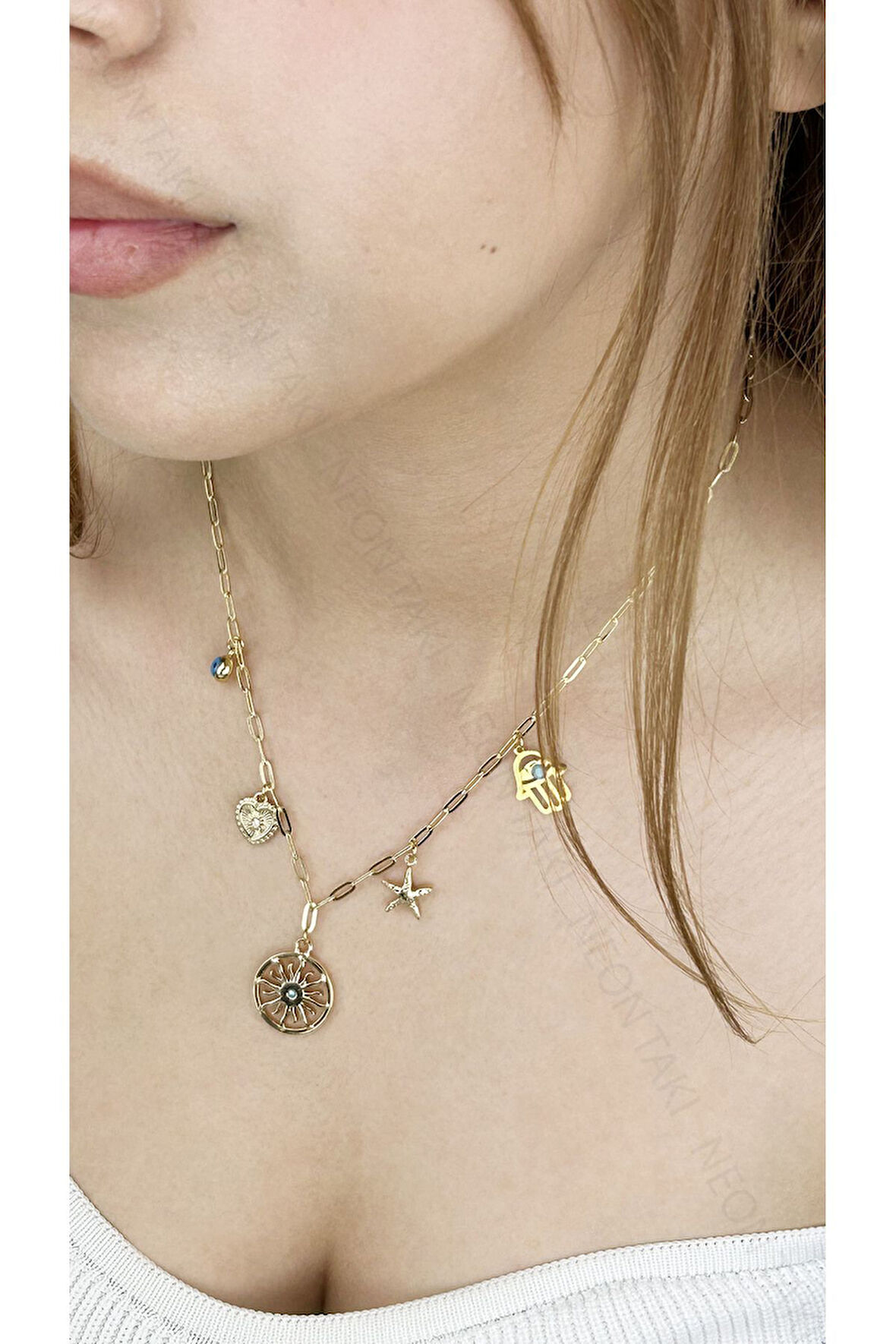 Yıldız, Göz, Kalp, Güneş, Fatma Ana Eli, Paslanmaz Çelik Kolye 345,altın Renk