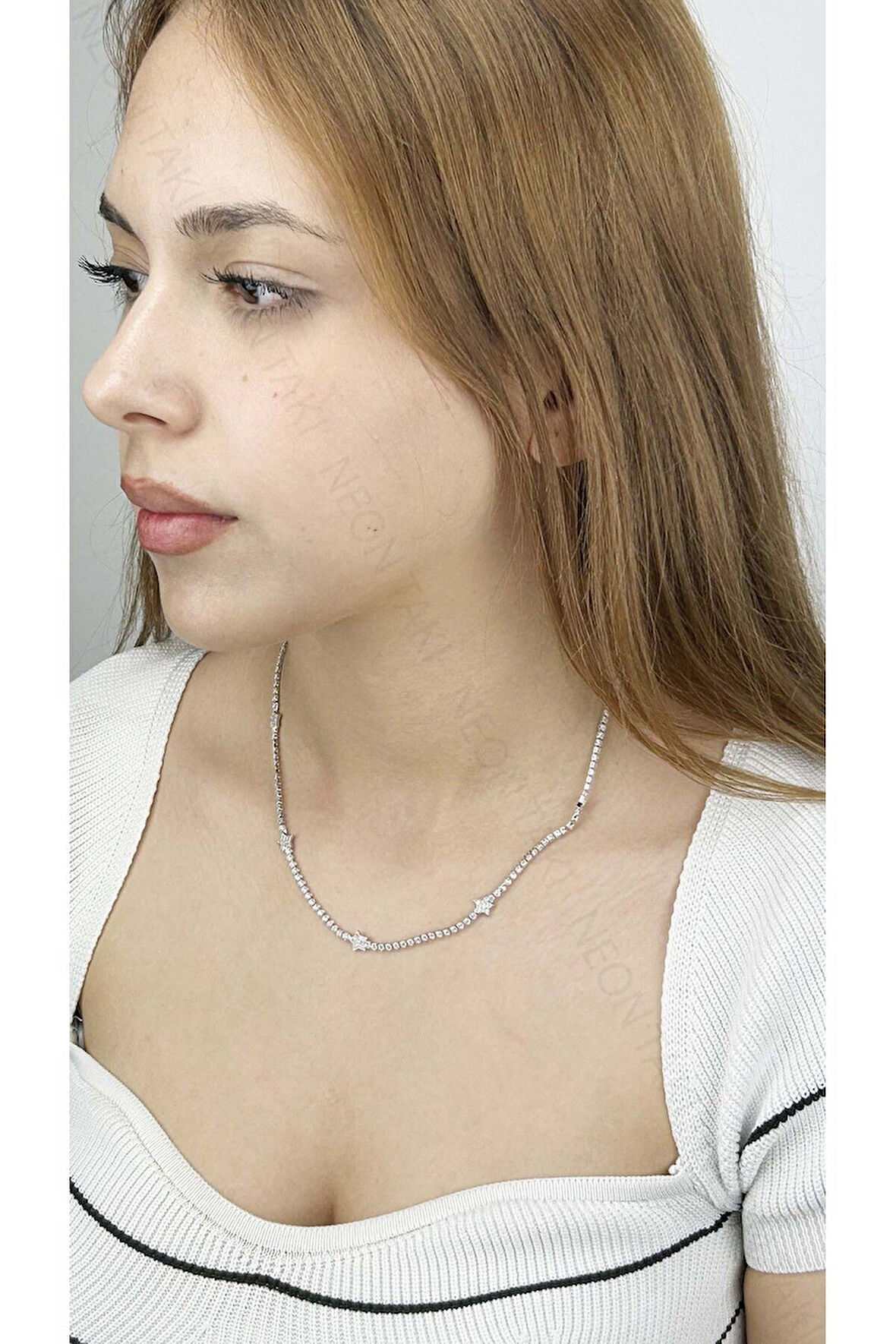 Kolye, Zirkon Taşlı, Kararmayan Paslanmaz Çelik, Su Yolu, Yıldız Detaylı, Gümüş Renk, Model347