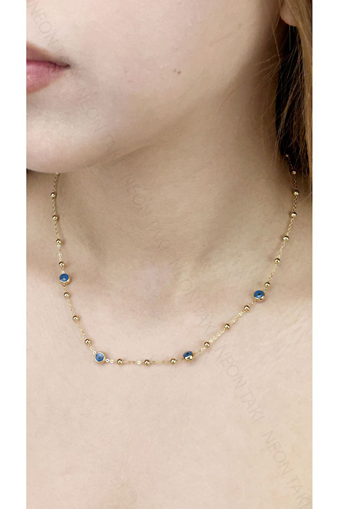 Göz Figürlü, Topçuklu Zincir, Paslanmaz Çelik Kolye 349. Altın Renk