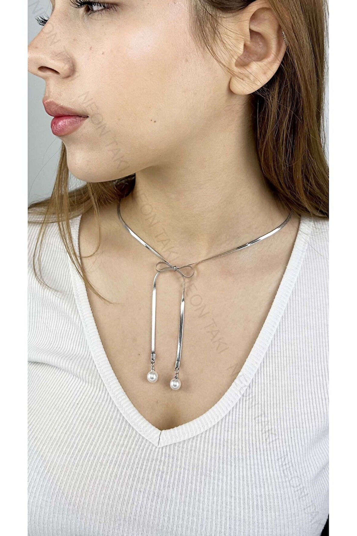 İncili ve Kurdela Figürlü, Kolye 356, Paslanmaz Çelik Kolye