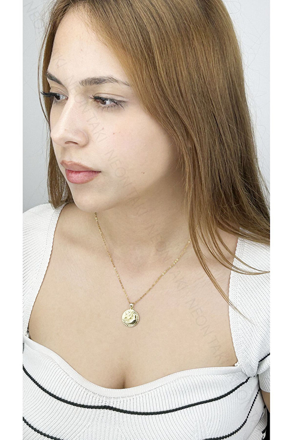 Zirkon Taşlı, Güneş, Ay ve Yıldız, Paslanmaz Çelik Kolye 361, Altın Renk