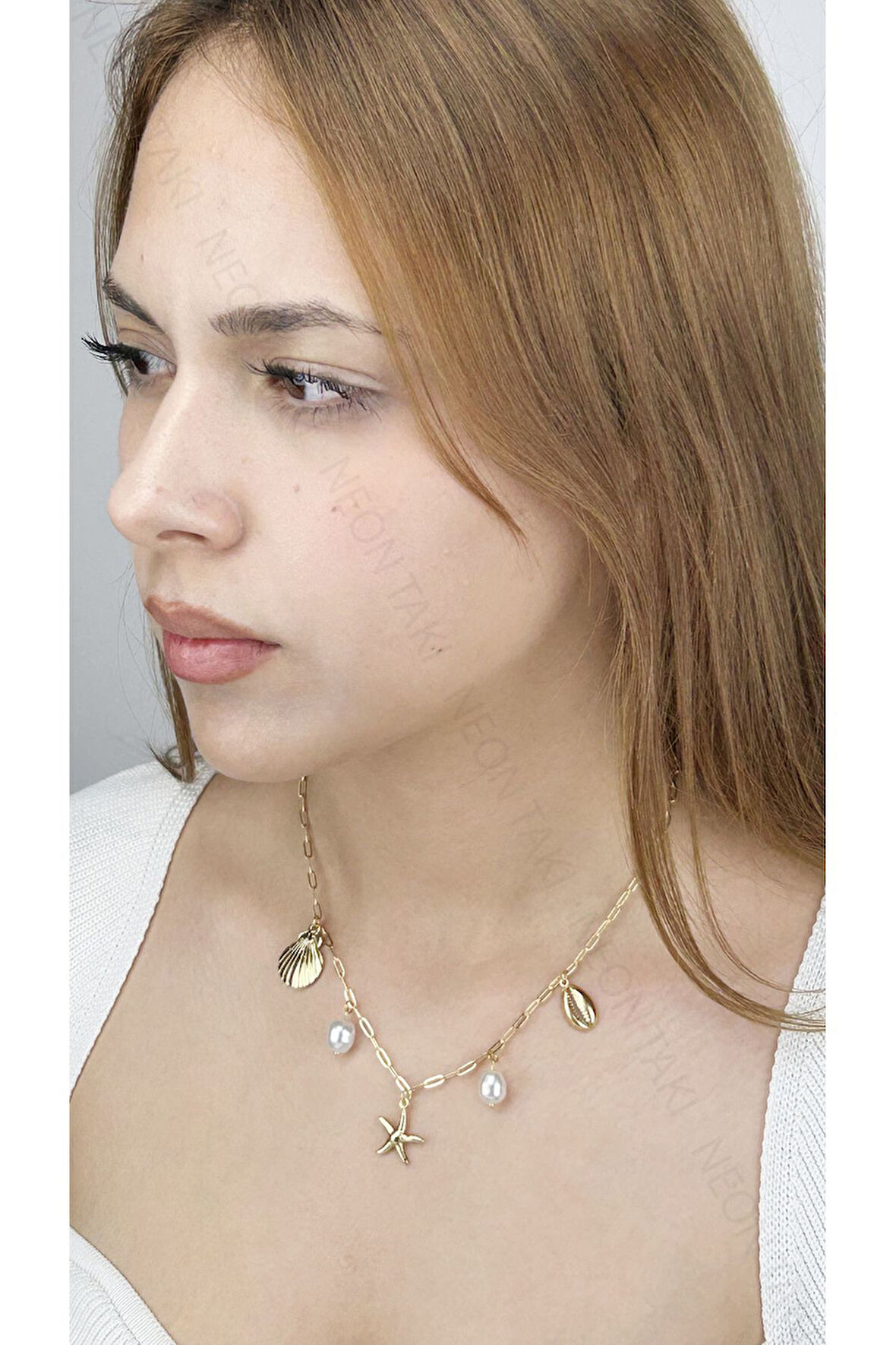 Deniz Yıldızı, İnci, Midye, Paslanmaz Çelik Charm Şans Kolye 362, Altın Renk