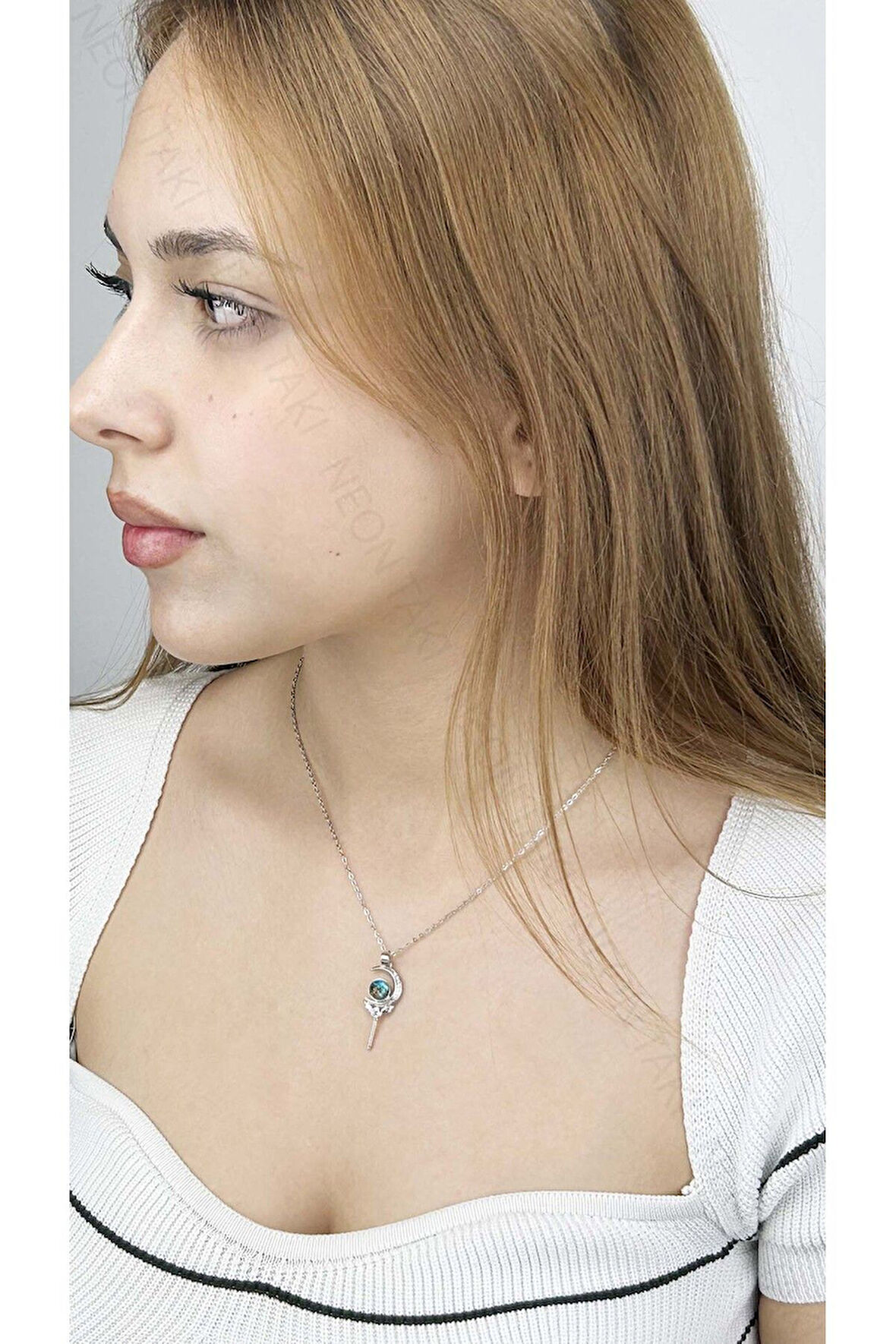 Zirkon Taşlı, Ay, Galaksi, Asa Model Paslanmaz Çelik Kolye 378, Gümüş Renk