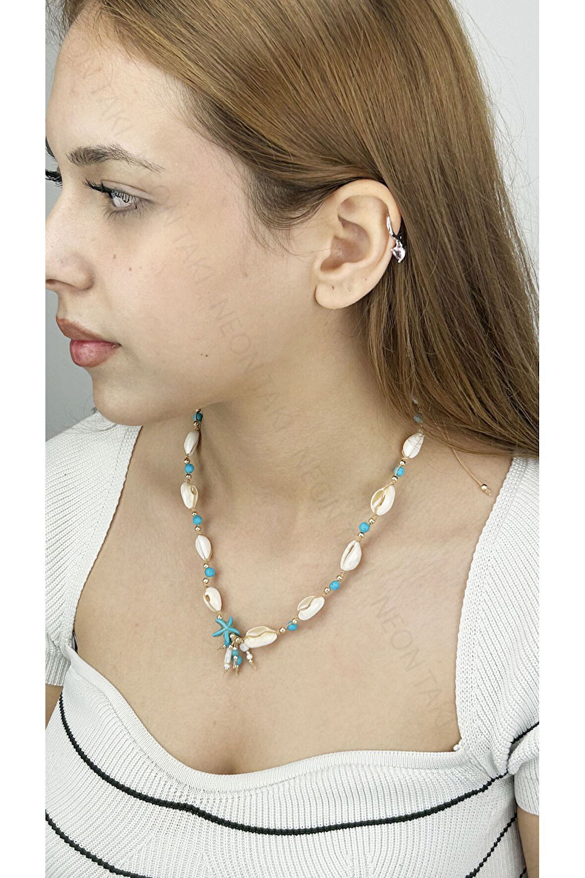 Midye Kabuklu, Mavi Boncuklu, Yaz Kolyesi 393, Altın Renk