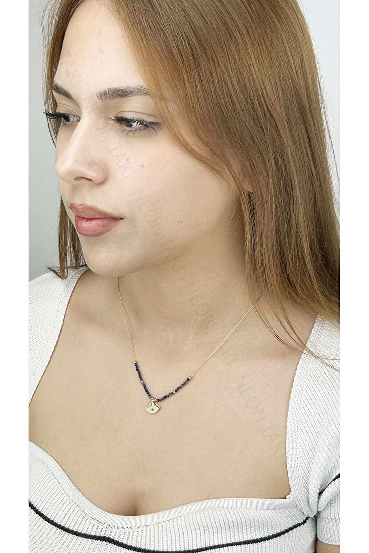 Göz, Kristal Taşlı, Paslanmaz Çelik Kolye 397, Altın Renk