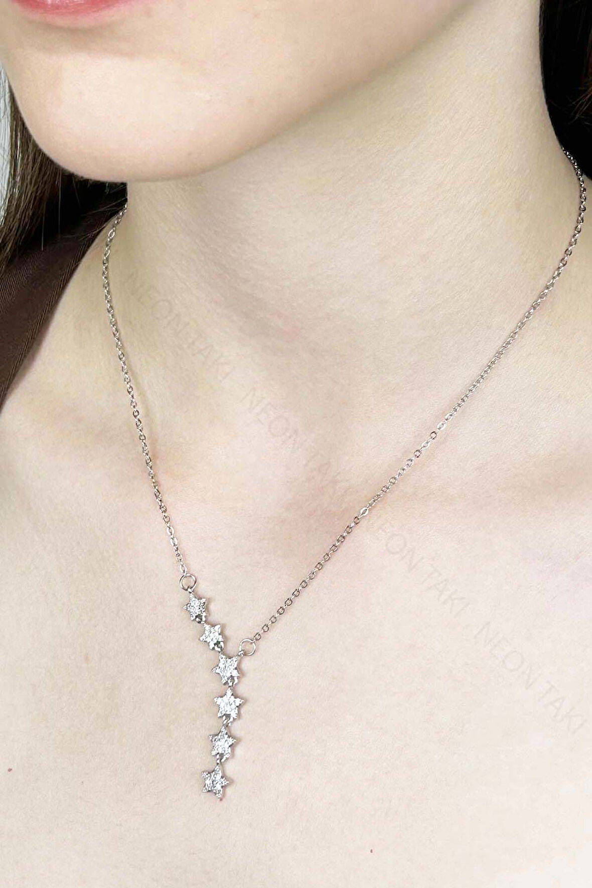 Zirkon Taşlı Yıldızlı Y kolye, Paslanmaz Çelik Kolye 408, Gümüş Renk