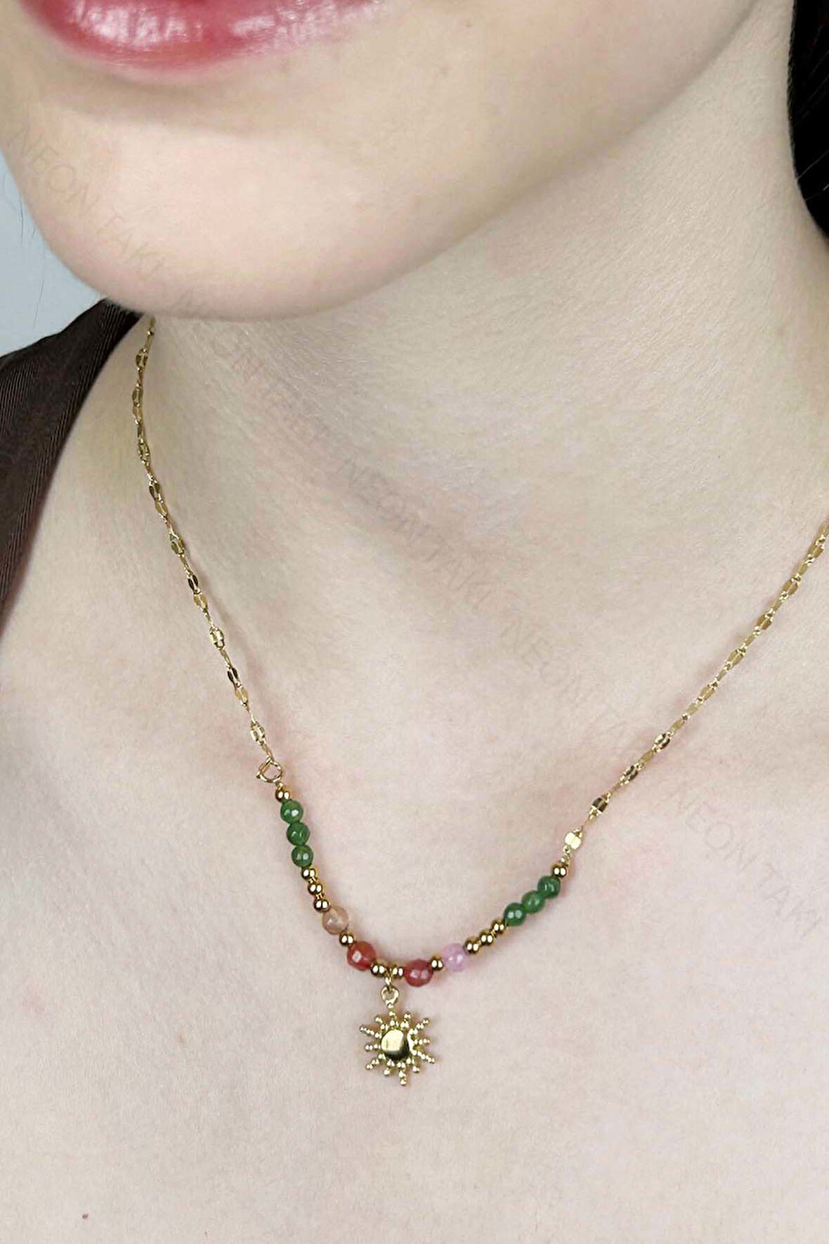 Renkli Taşlı, Paslanmaz Çelik Kolye 409, Altın Renk