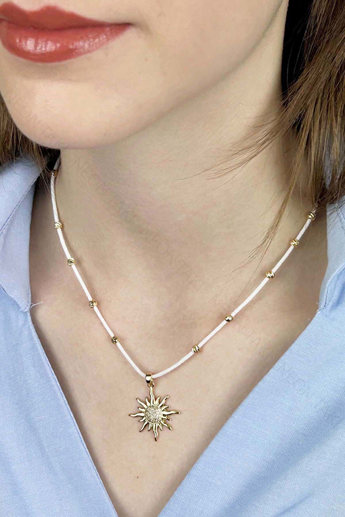 Güneş Figürlü, İp Kolye 423, Altın Renk