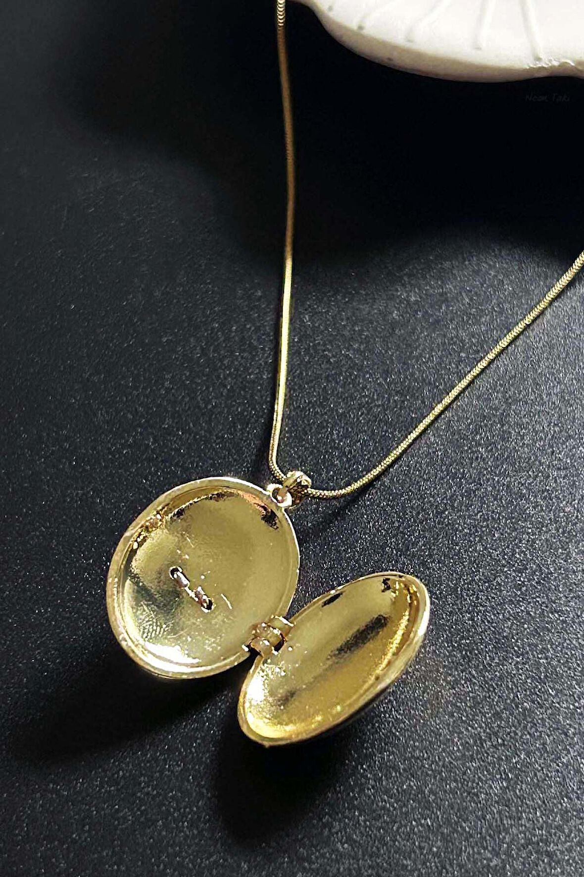 Zirkon Taşlı, Alya, Kapaklı, Paslanmaz Çelik Kolye 424, Altın Renk