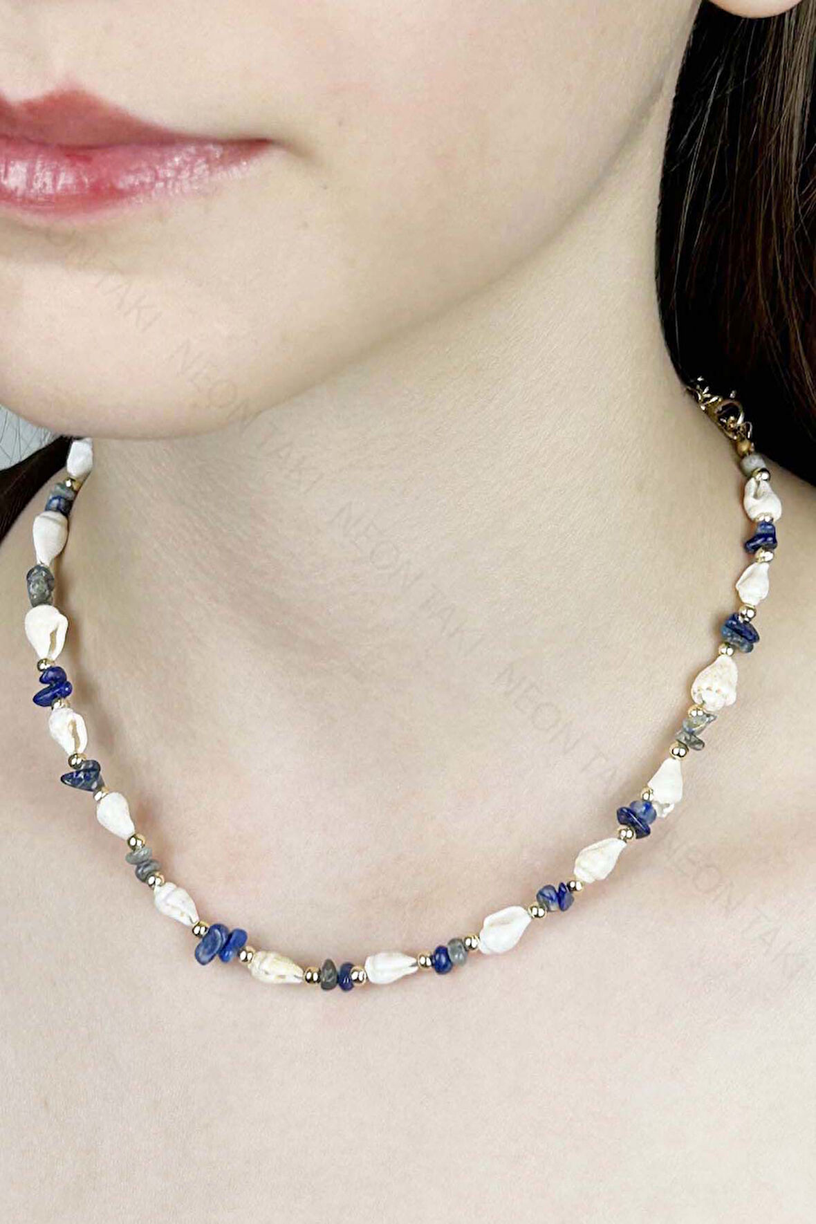 Deniz Kabuğu Kolye 427, Mavi - Beyaz