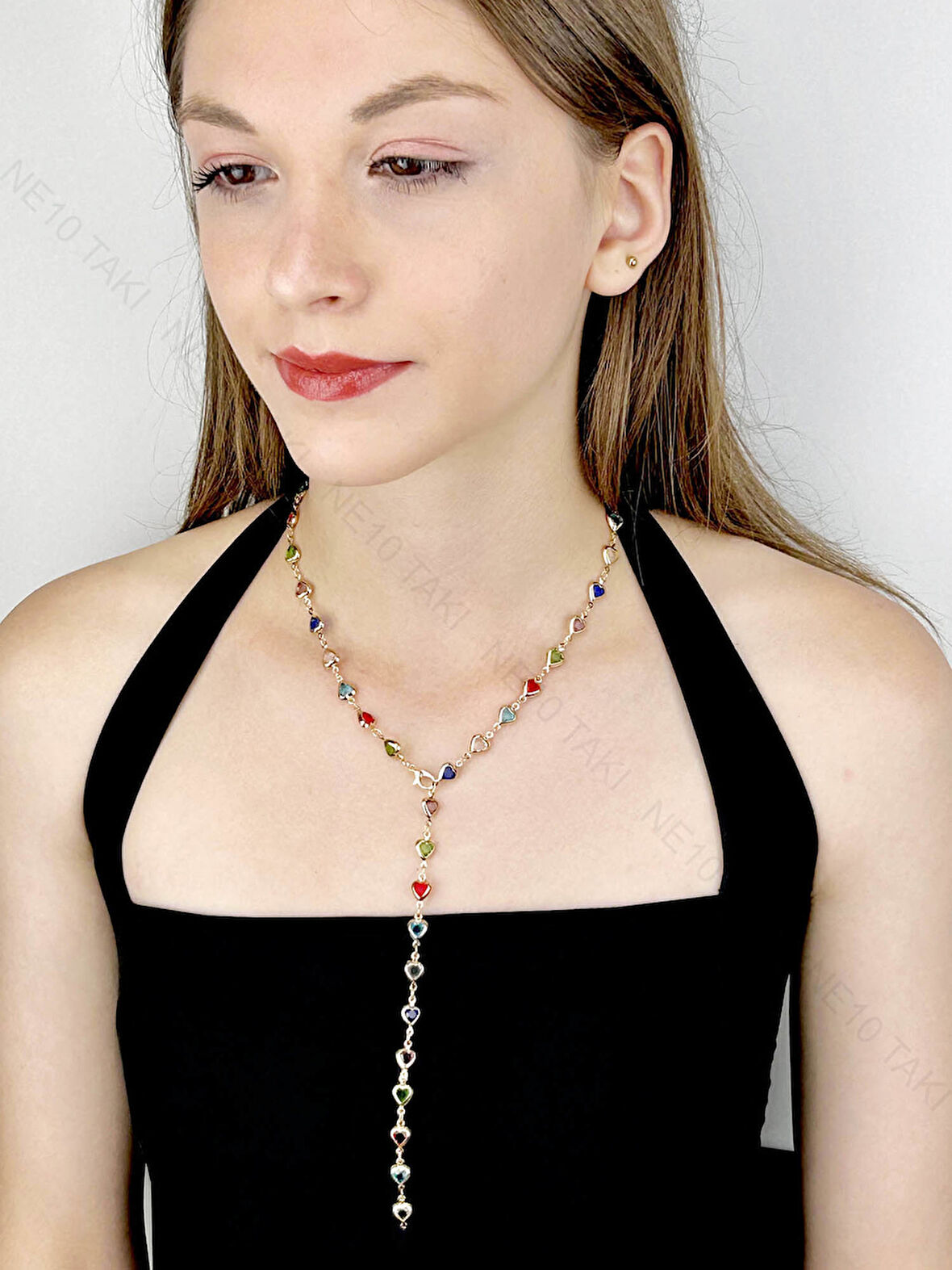 Y Kolye, Taşlı, Çok Renkli, Kalpli, Kolye 432, Kasa Altın Renk