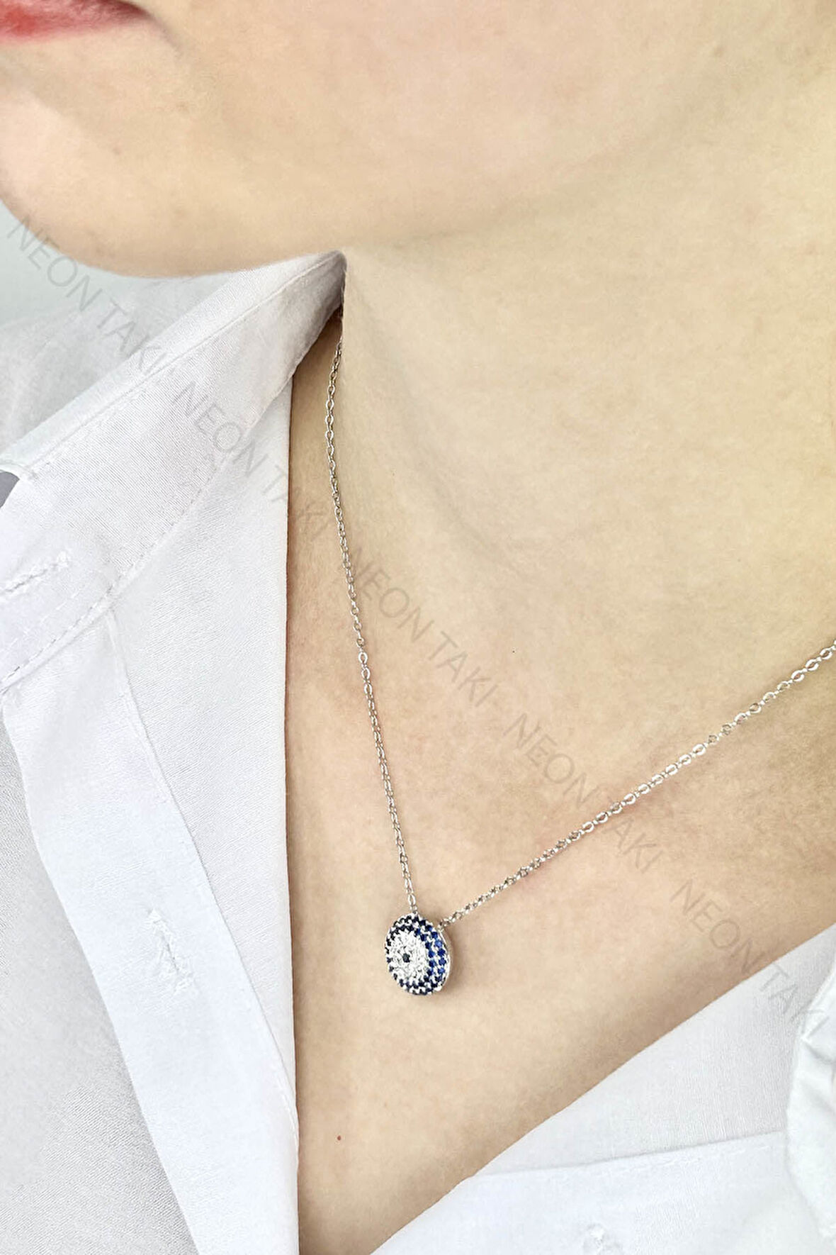 Zirkon Taşlı, Nazar Boncuğu Kolye 435, Gümüş Rengi