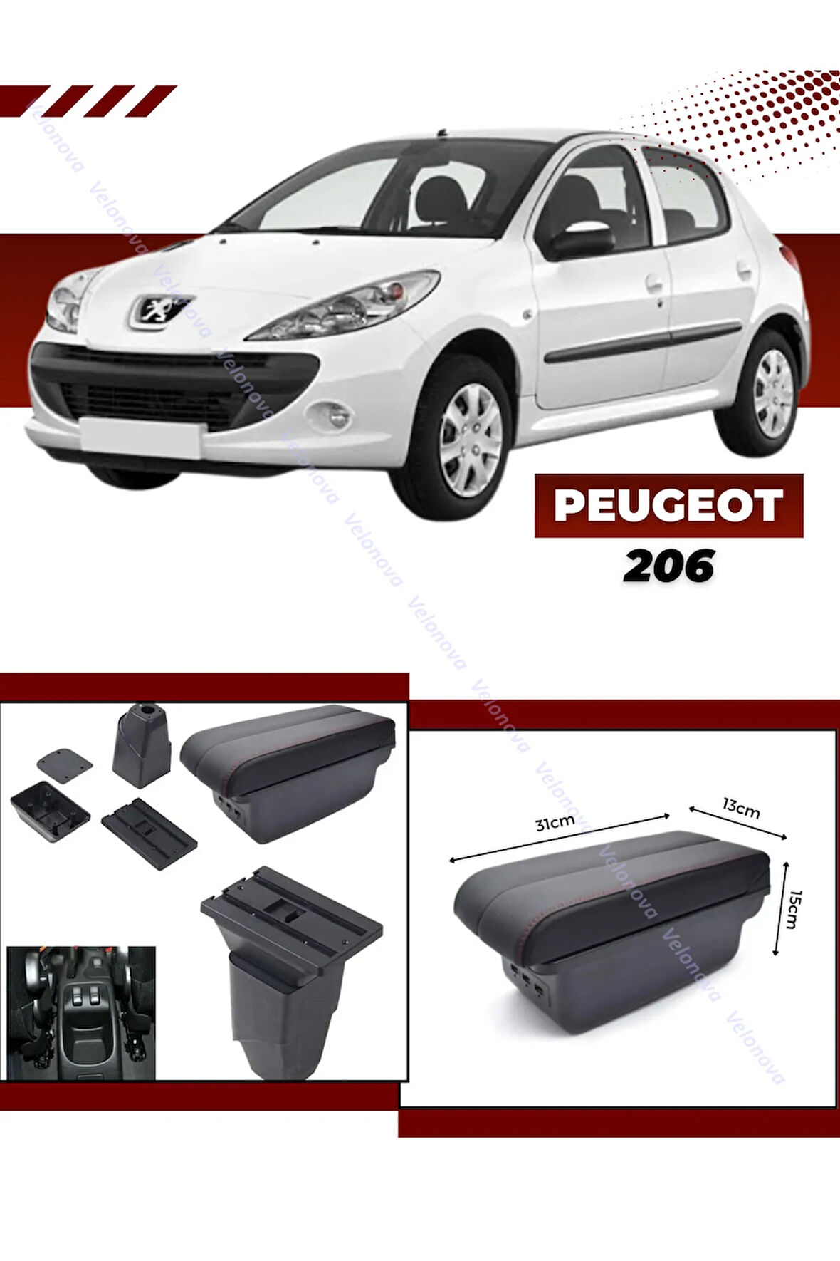 Peugeot 206 2010-2020 Sürgülü Kolçak Kol Dayama 2 Adet USB Lİ Araca Özel Delmesiz Vidasız Montaj