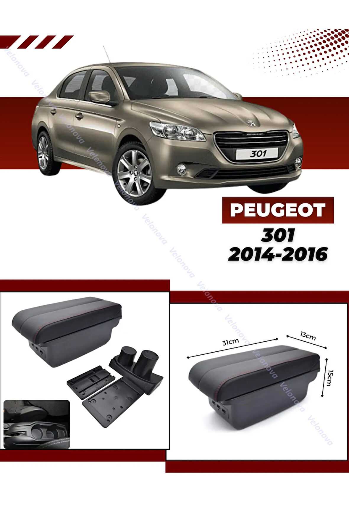 Peugeot 301 2014-2016 Sürgülü Kolçak Kol Dayama 2 Adet USB Lİ Araca Özel Delmesiz Vidasız Montaj