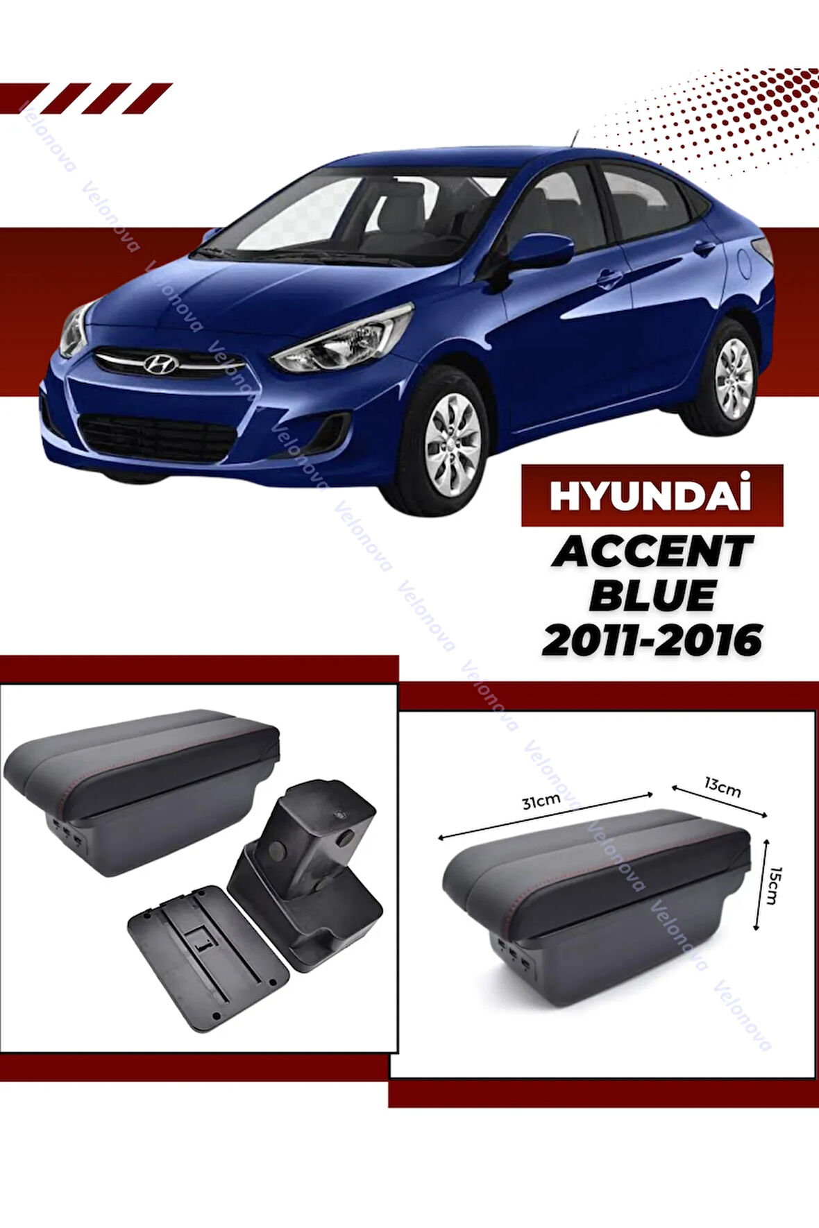 Hyundai Accent Blue 2011-2016 Sürgülü Kolçak Kol Dayama 2 Adet USB Lİ Araca Özel Delmesiz Vidasız