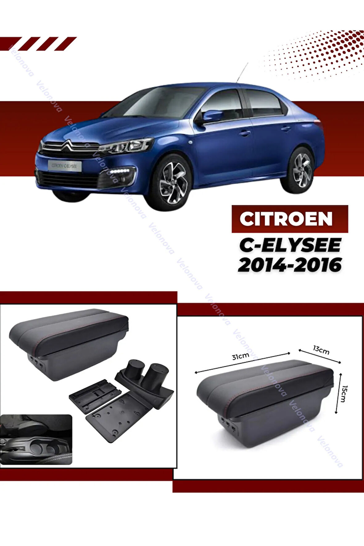 Citroen C-elysee 2014-2016 Sürgülü Kolçak Kol Dayama 2 Adet USB Lİ Araca Özel Delmesiz Vidasız