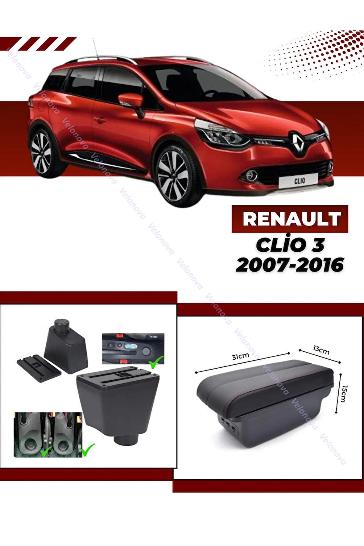 Renault Clio 3 2007-2016 Sürgülü Kolçak Kol Dayama 2 Adet USB Lİ Araca Özel Delmesiz Vidasız Montaj