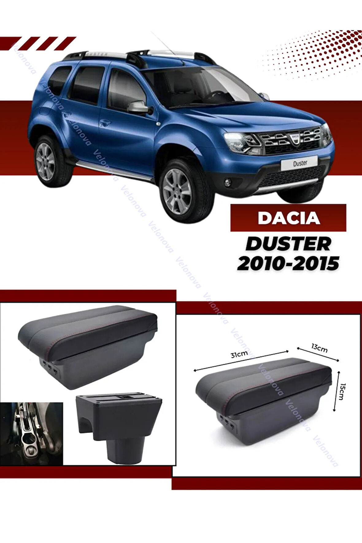 Dacia Duster 2010-2015 Sürgülü Kolçak Kol Dayama 2 Adet USB Lİ Araca Özel Delmesiz Vidasız Montaj