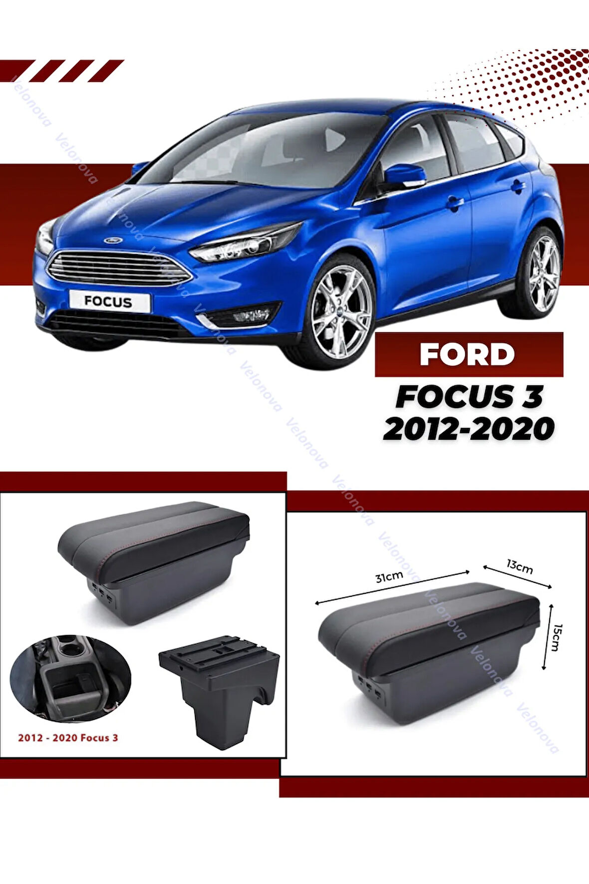 Ford Focus 3 2012-2020 Sürgülü Kolçak Kol Dayama 2 Adet USB Lİ Araca Özel Delmesiz Vidasız Montaj