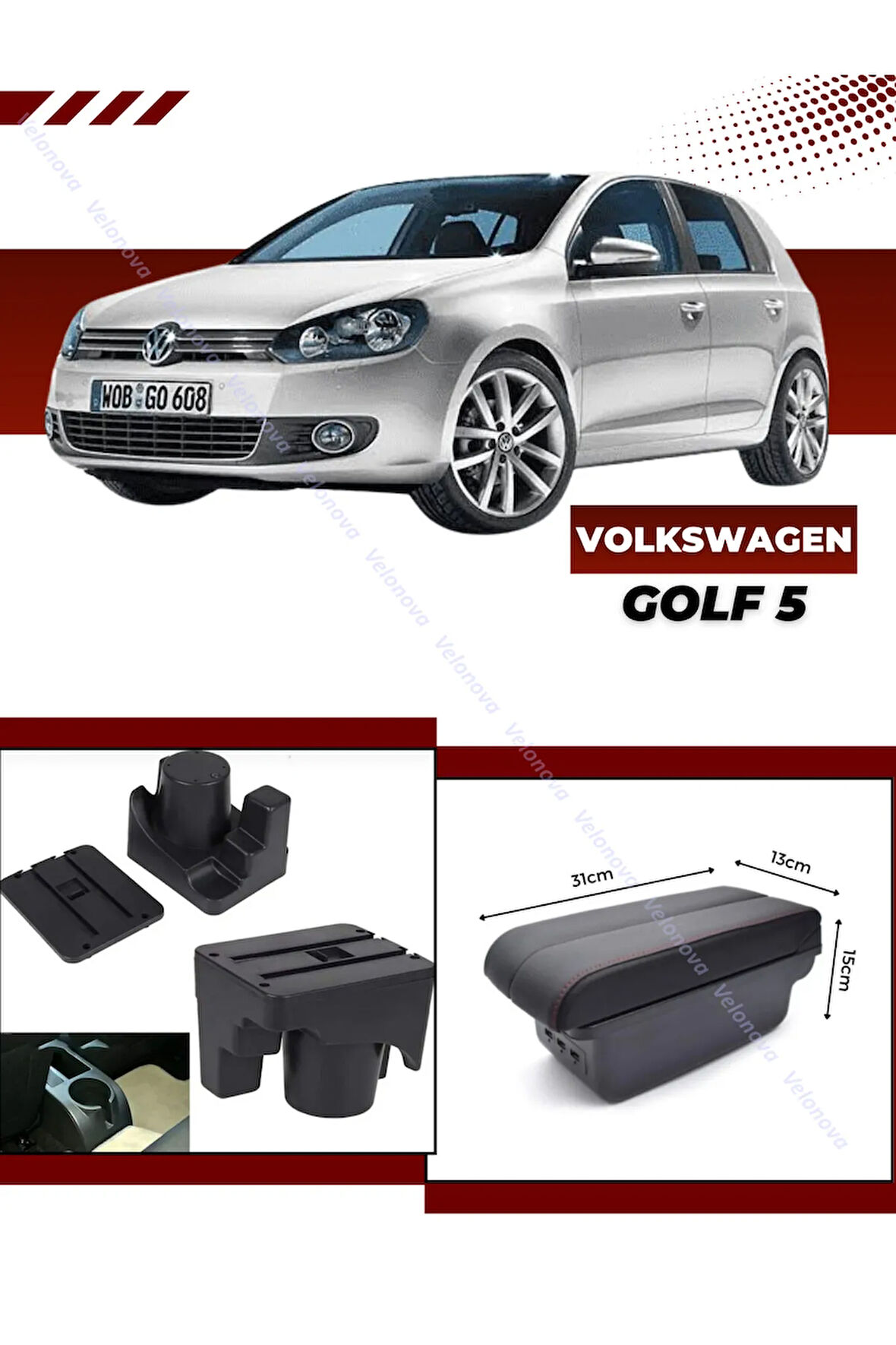 Volkswagen Golf 5 Sürgülü Kolçak Kol Dayama 2 Adet USB Lİ Araca Özel Delmesiz Vidasız Montaj