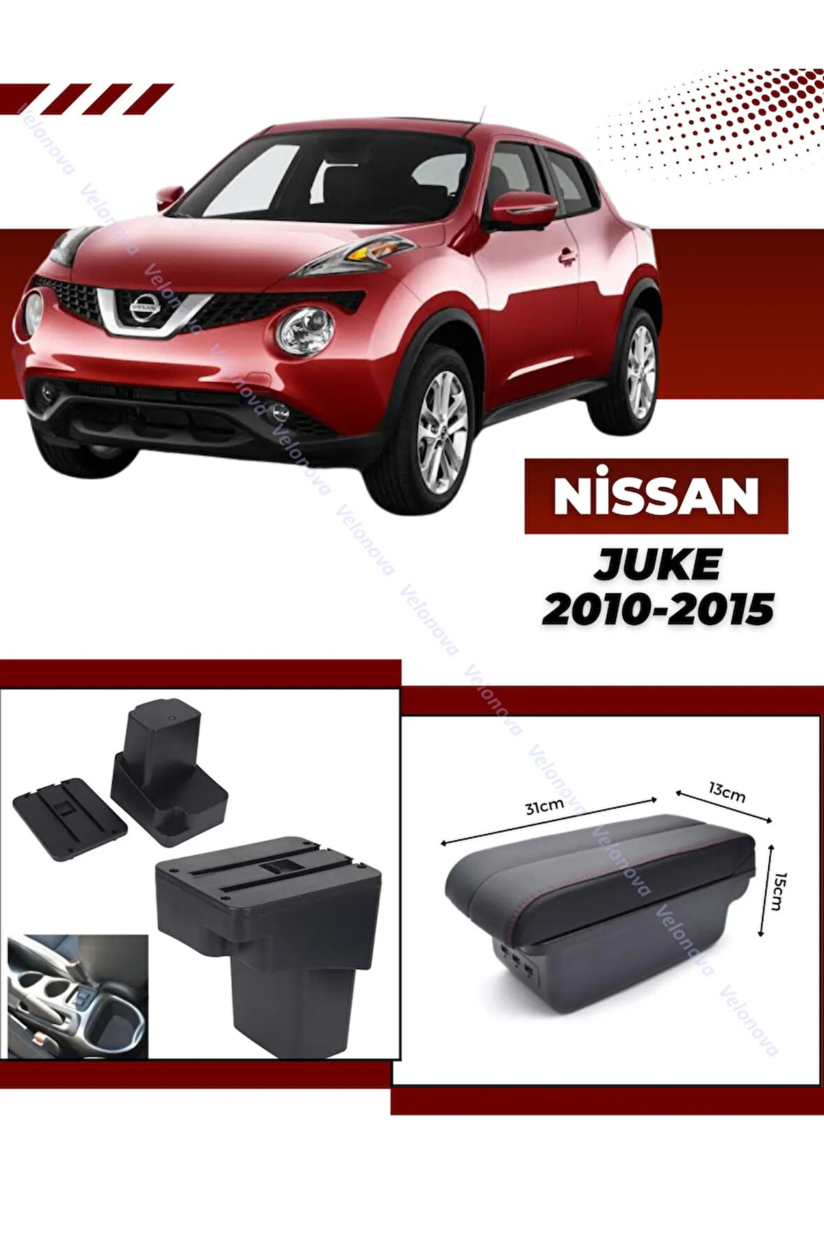 Nissan Juke 2010-2015 Sürgülü Kolçak Kol Dayama 2 Adet USB Lİ Araca Özel Delmesiz Vidasız Montaj