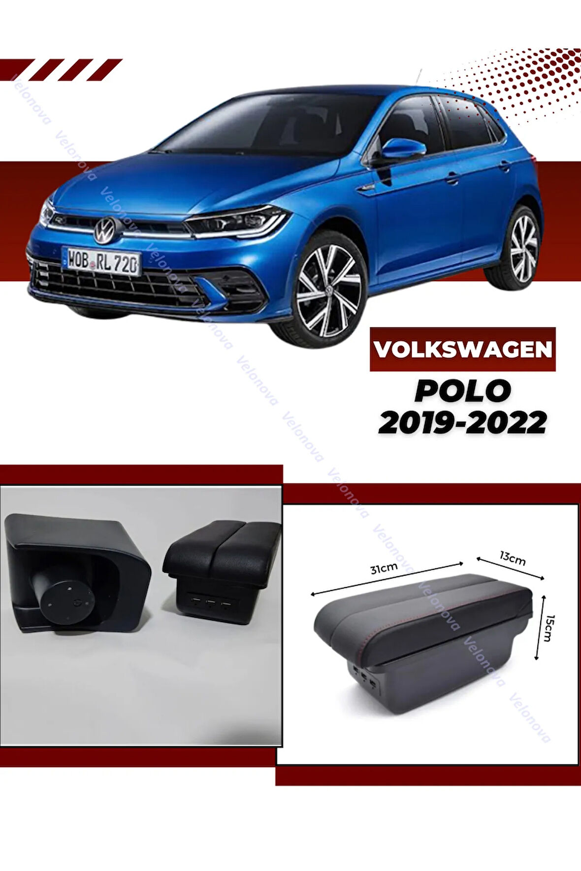 Volkswagen Polo 2019-2022 Sürgülü Kolçak Kol Dayama 2 Adet USB Lİ Araca Özel Delmesiz Vidasız Montaj