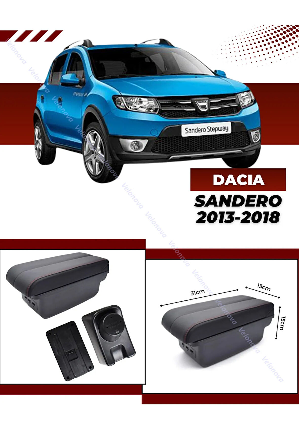 Dacia Sandero 2013-2018 Sürgülü Kolçak Kol Dayama 2 Adet USB Lİ Araca Özel Delmesiz Vidasız Montaj