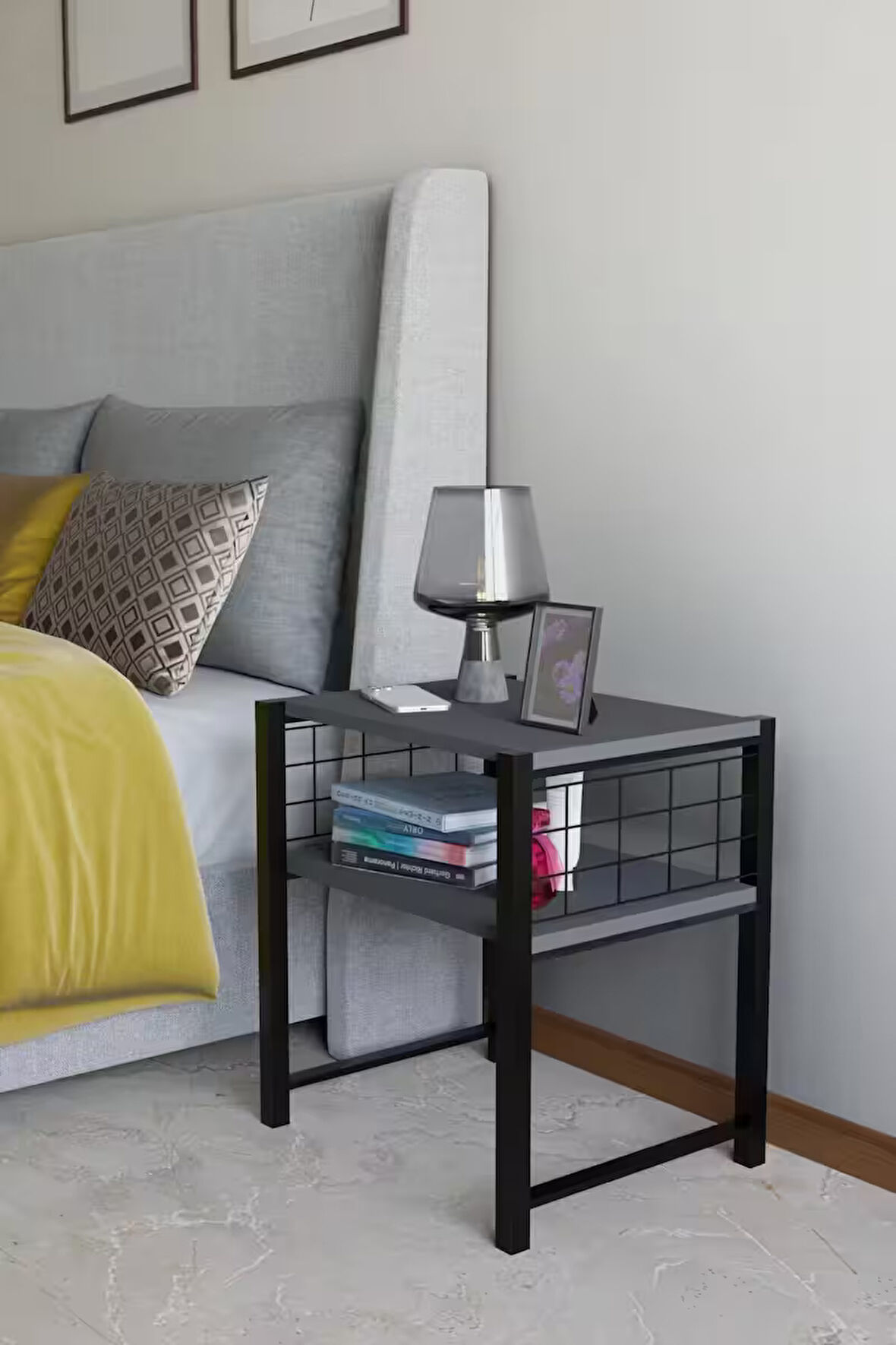 Steel Design Modern Komodin Metal Ayaklı Raflı Başucu Komodin Yatak Odası Dekoratif Yan Sehpa