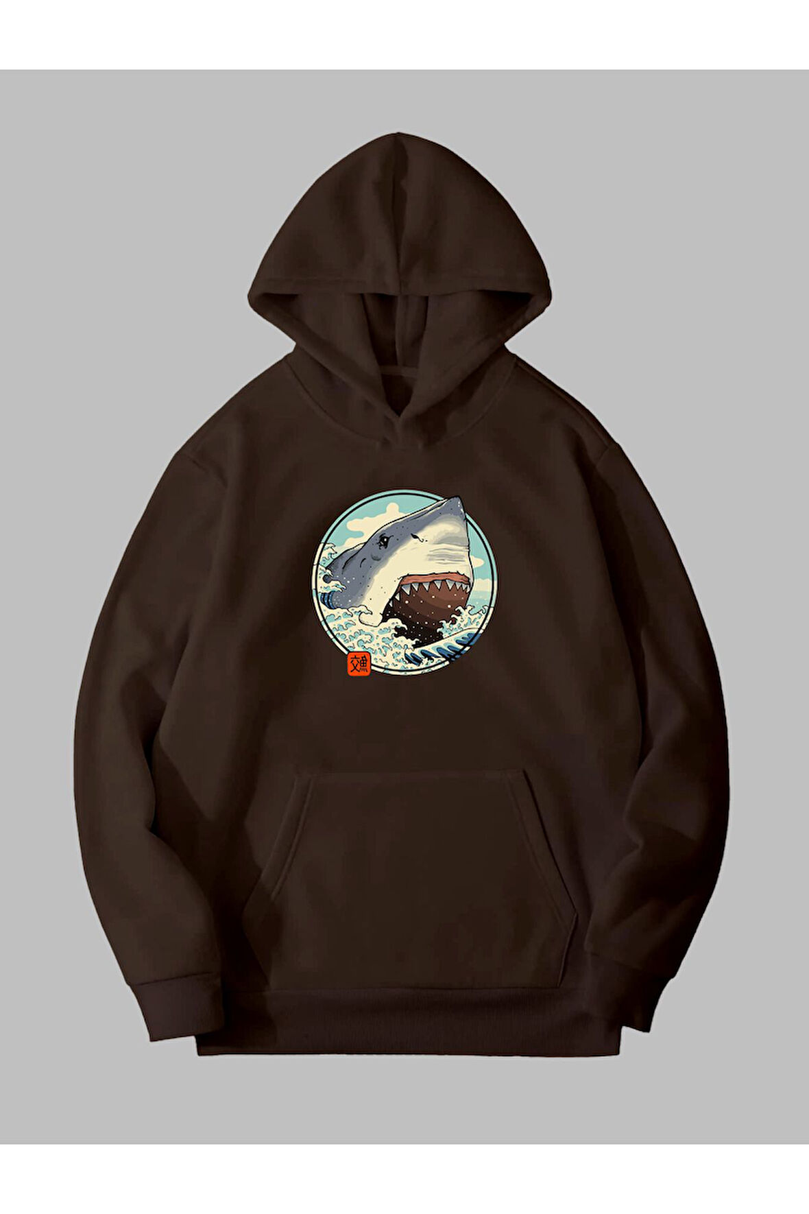 Üç İplik Anime Köpek Balığı Baskılı Unisex Kahverengi Kanguru Cepli Kapüşonlu Sweatshirt Hoodie | S