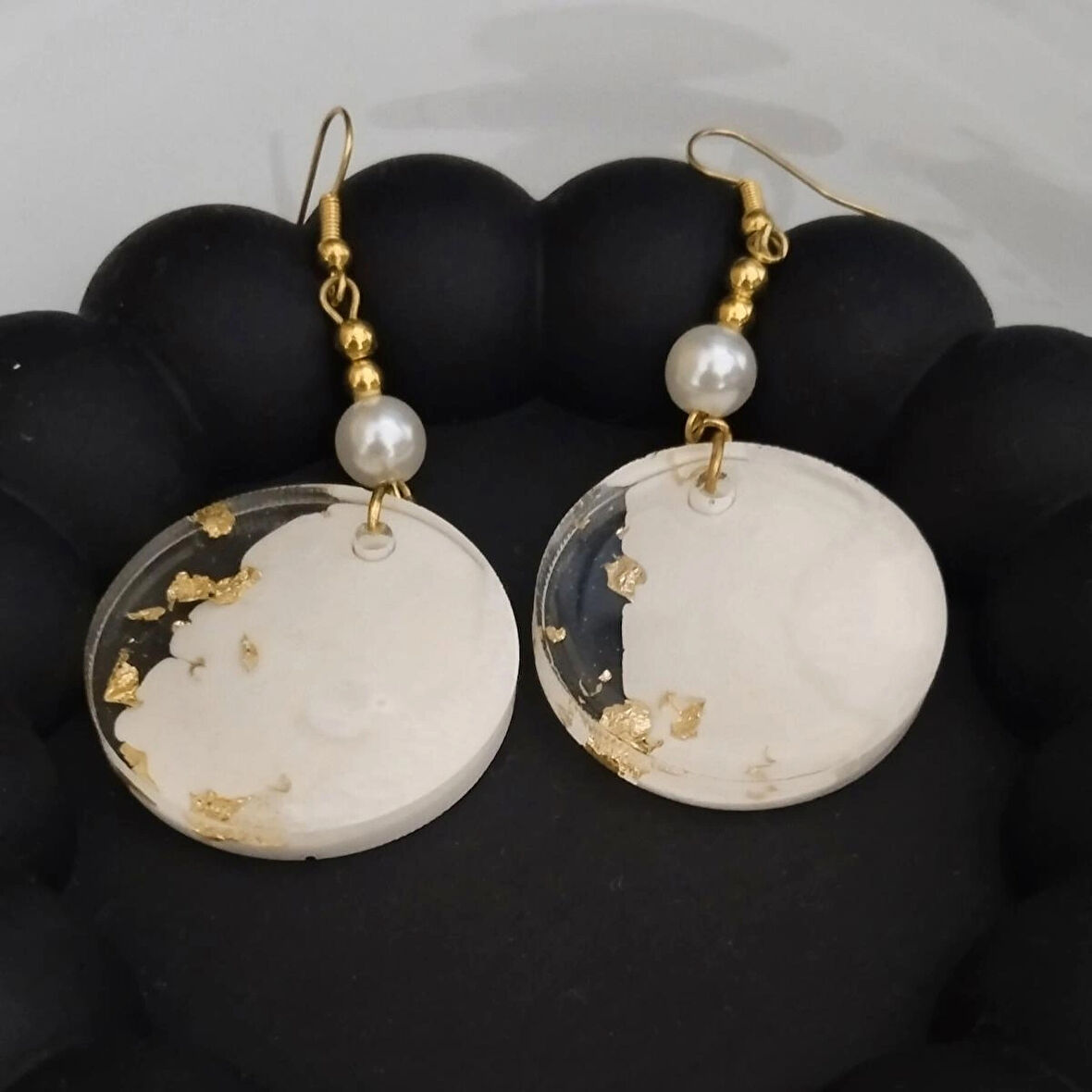 Epoksi beyaz altın varaklı küpe 