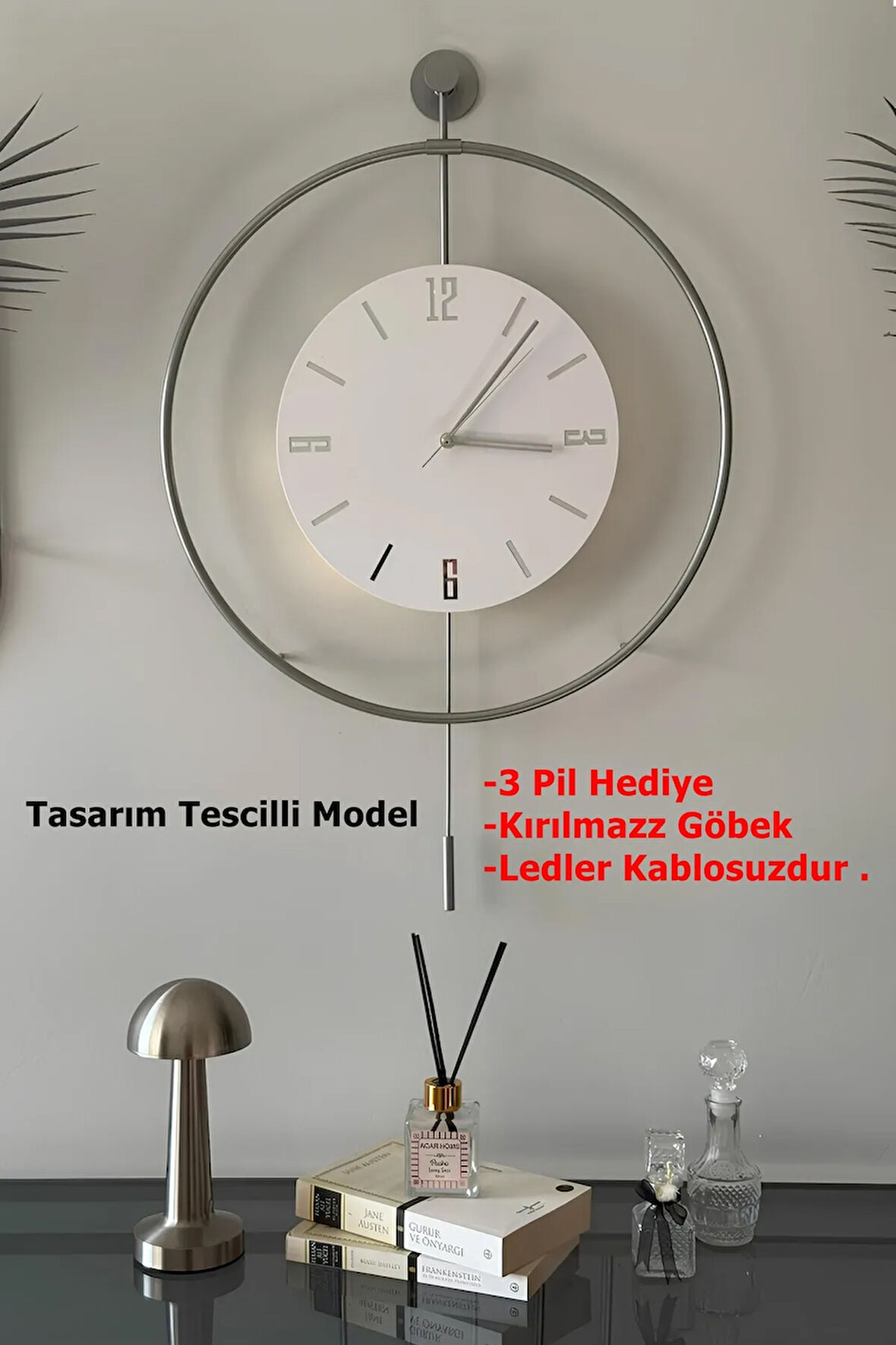 (BÜYÜK BOY) Gümüş Kristal - (PİL DAHİL - KABLO GEREKTİRMEZ) Modern Dekoratif Metal Duvar Saati
