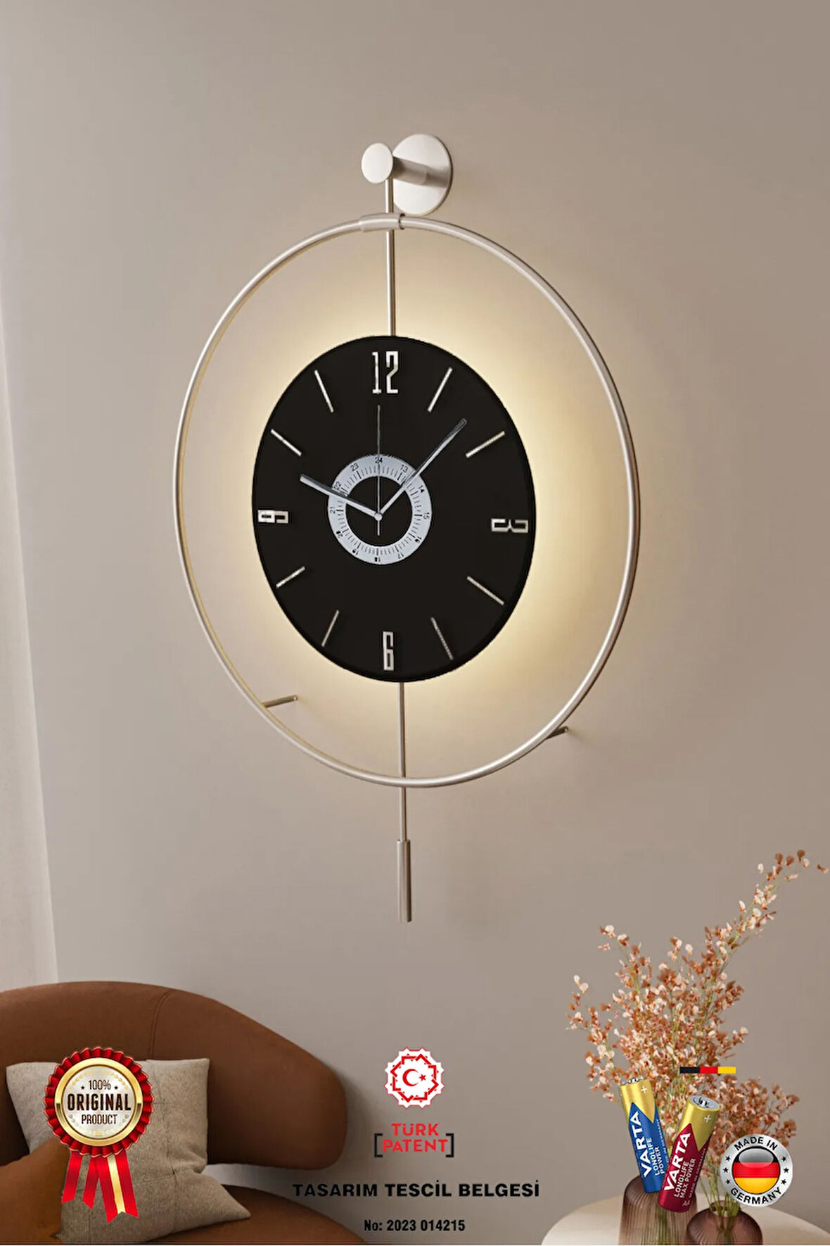 Büyük Boy Gümüş Siyah Göbek - (BÜYÜK BOY)-pilli Led Sistemi(3 ADET PİL YANINDA) Duvar Saati