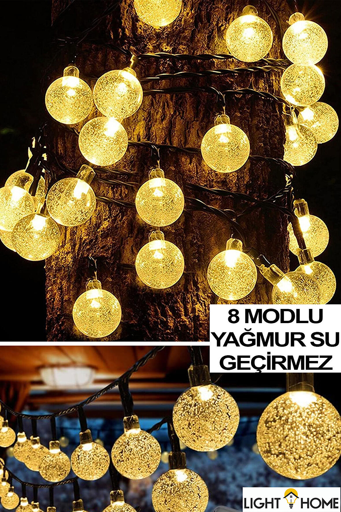 Güneş Enerjili Işıklar 50 Led 7 Metre Sarı Kristal Küre 8 Modlu Bahçe Düğün Parti Dekor Işıkları