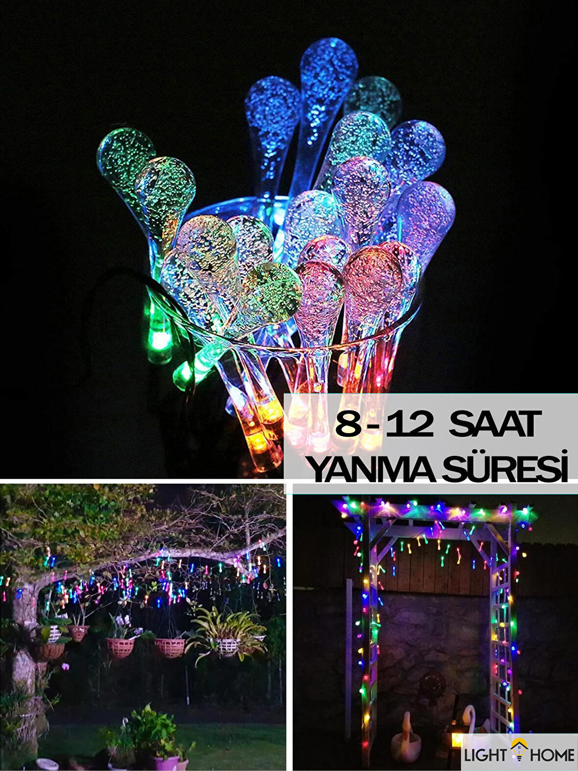 Güneş Enerjili Işıklar 50 Led 7 Metre Renkli Su Damlası 8 Modlu Bahçe Düğün Parti Dekor Işıkları