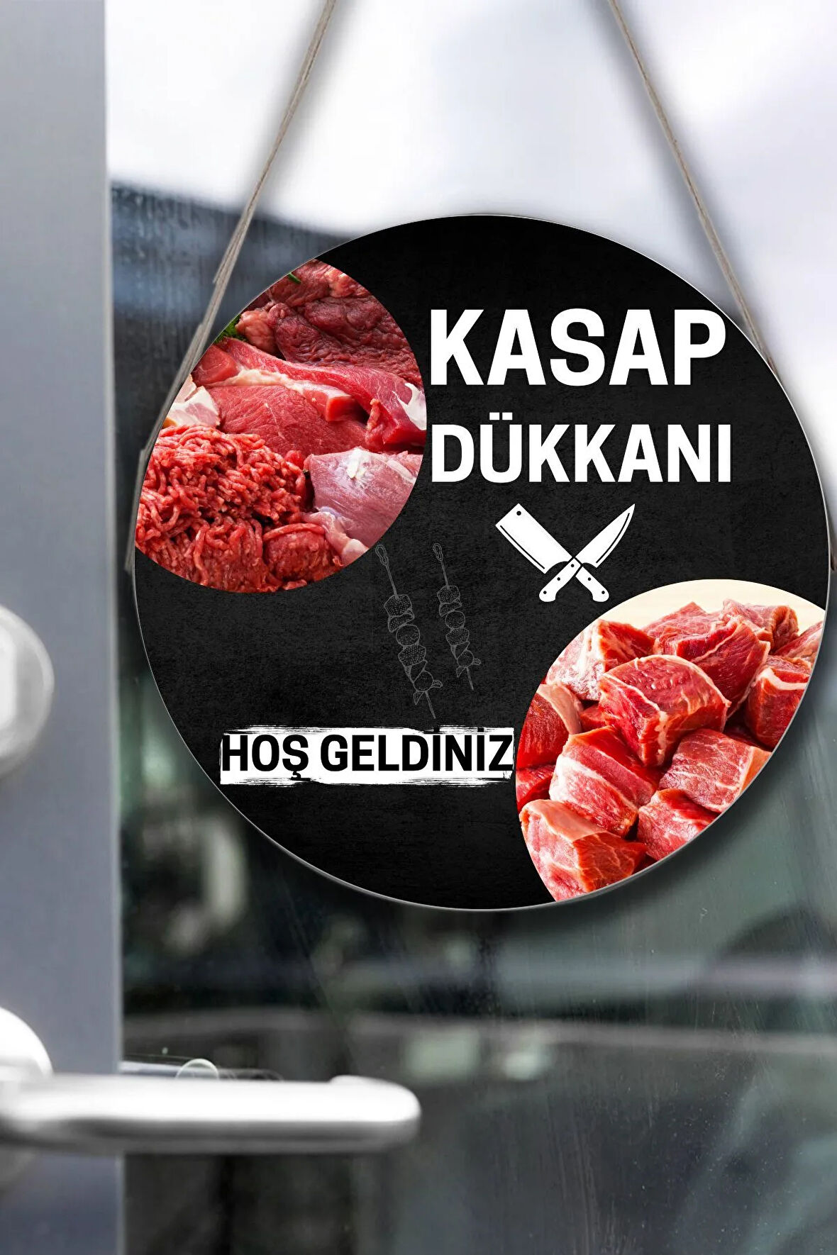 Kasap Dükkanı Cam Kapı Pano Karşılama Tabelası, Kasap İç Mekan için Askılı Dükkan Süs Tablo Dekoru
