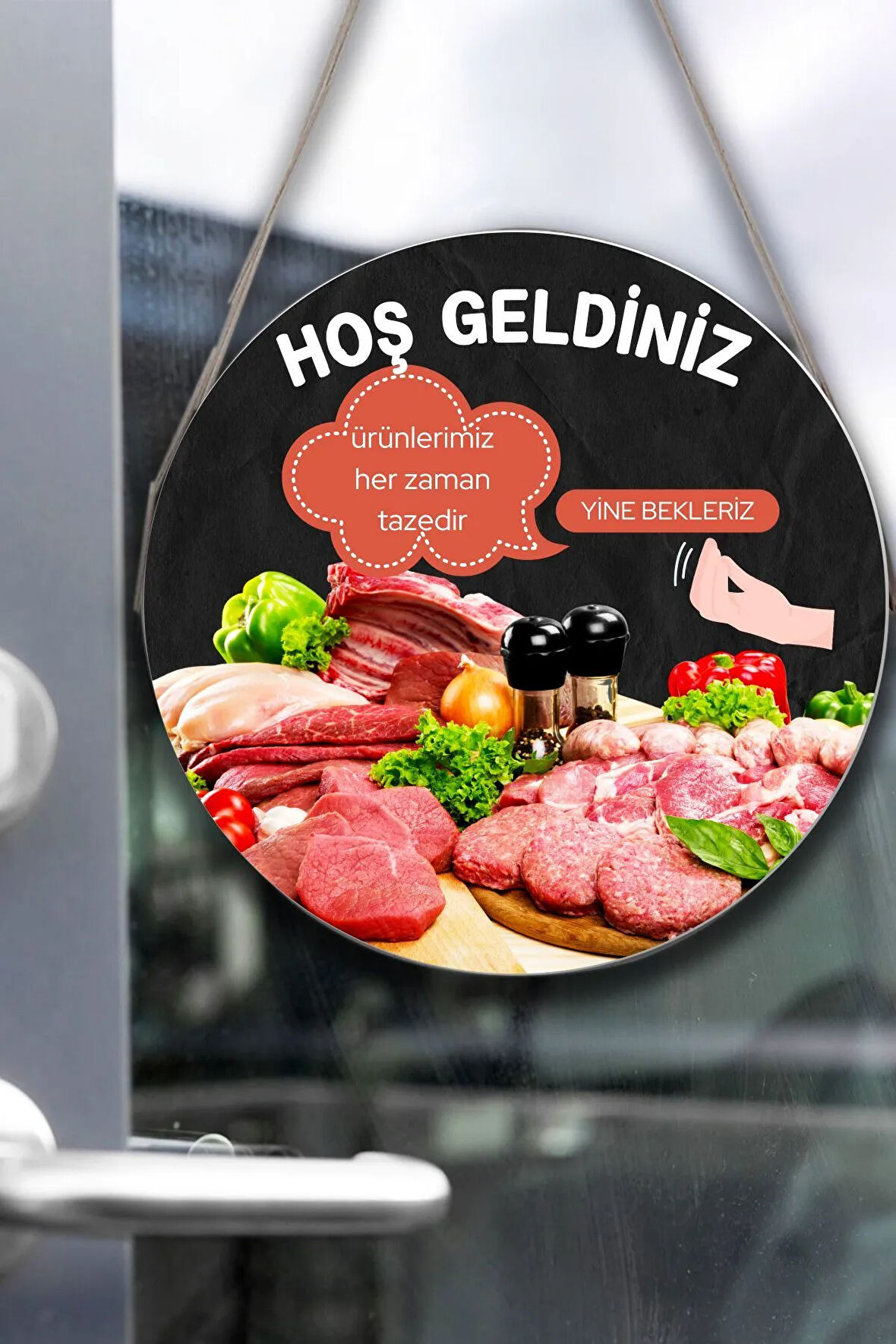 Kasap Dükkanı Cam Kapı Pano Karşılama Tabelası, Kasap İç Mekan için Askılı Dükkan Süs Tablo Dekoru