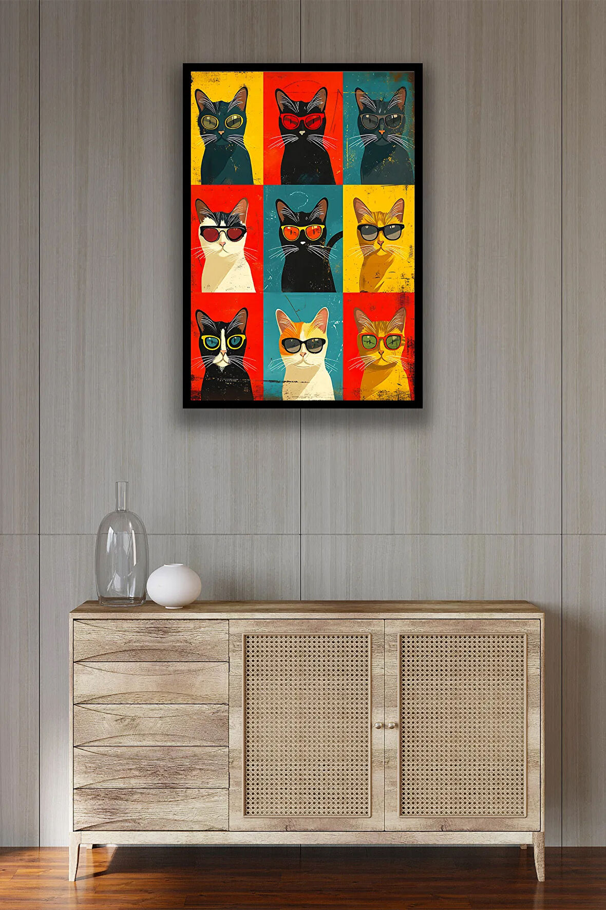 Kedi Resim Illüstrasyon Şık Ahşap Tablo Modeli, Estetik, Oturma Odası, Salon, Ofis, Ev Dekorasyonu