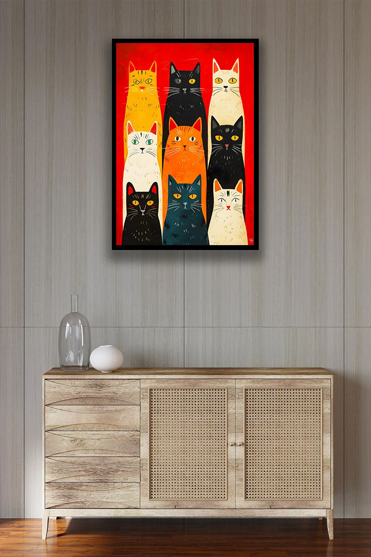 Kedi Resim Illüstrasyon Şık Ahşap Tablo Modeli, Estetik, Oturma Odası, Salon, Ofis, Ev Dekorasyonu