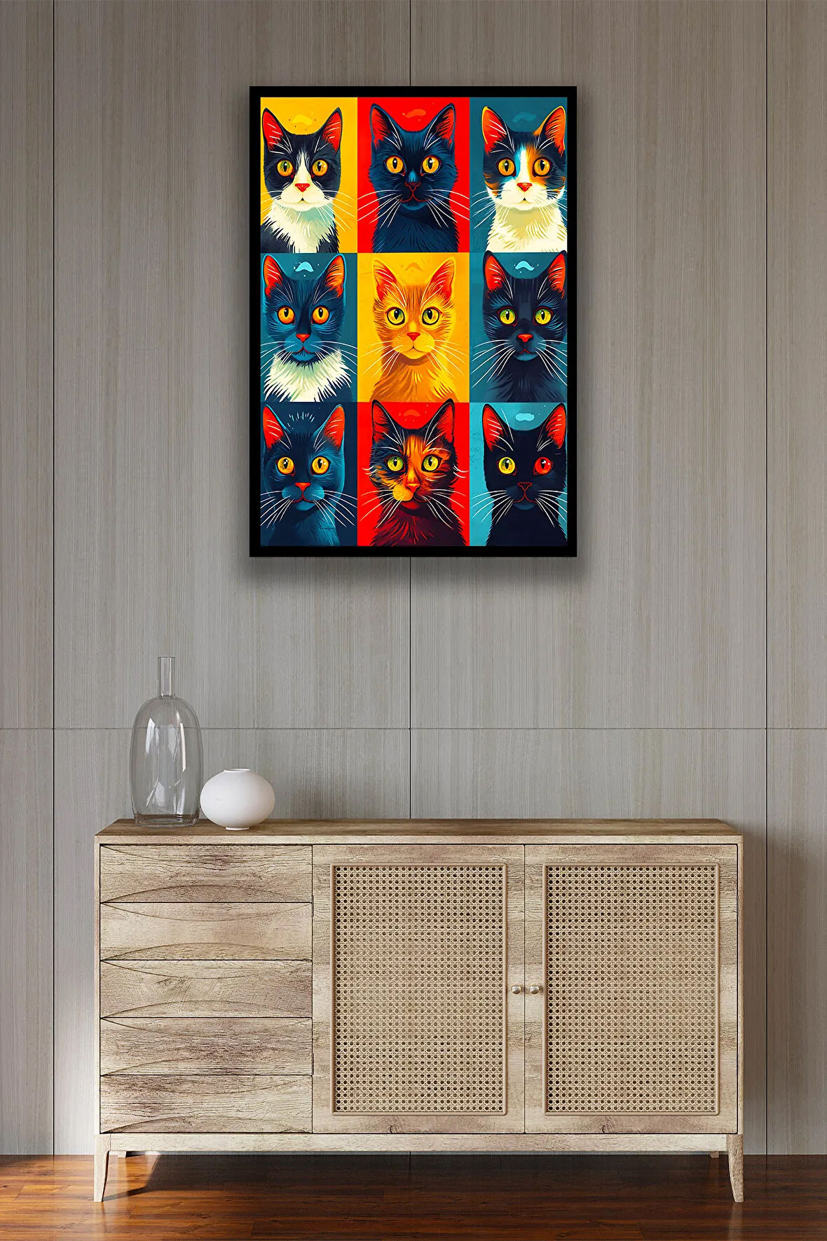 Kedi Resim Illüstrasyon Şık Ahşap Tablo Modeli, Estetik, Oturma Odası, Salon, Ofis, Ev Dekorasyonu
