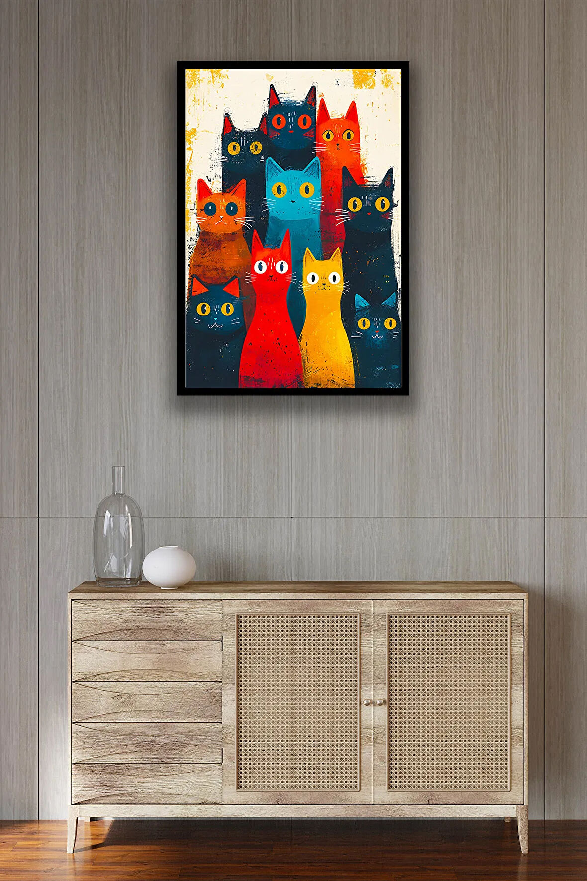 Kedi Resim Illüstrasyon Şık Ahşap Tablo Modeli, Estetik, Oturma Odası, Salon, Ofis, Ev Dekorasyonu