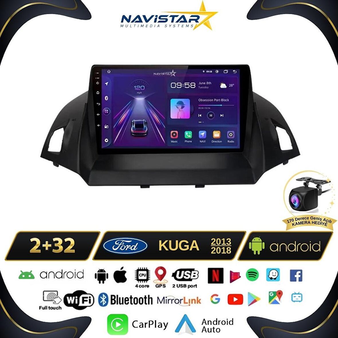 Ford Kuga 2+32GB Android 13 Kablosuz Carplay 2013-2018 Navigasyon Multimedya Sistemi 