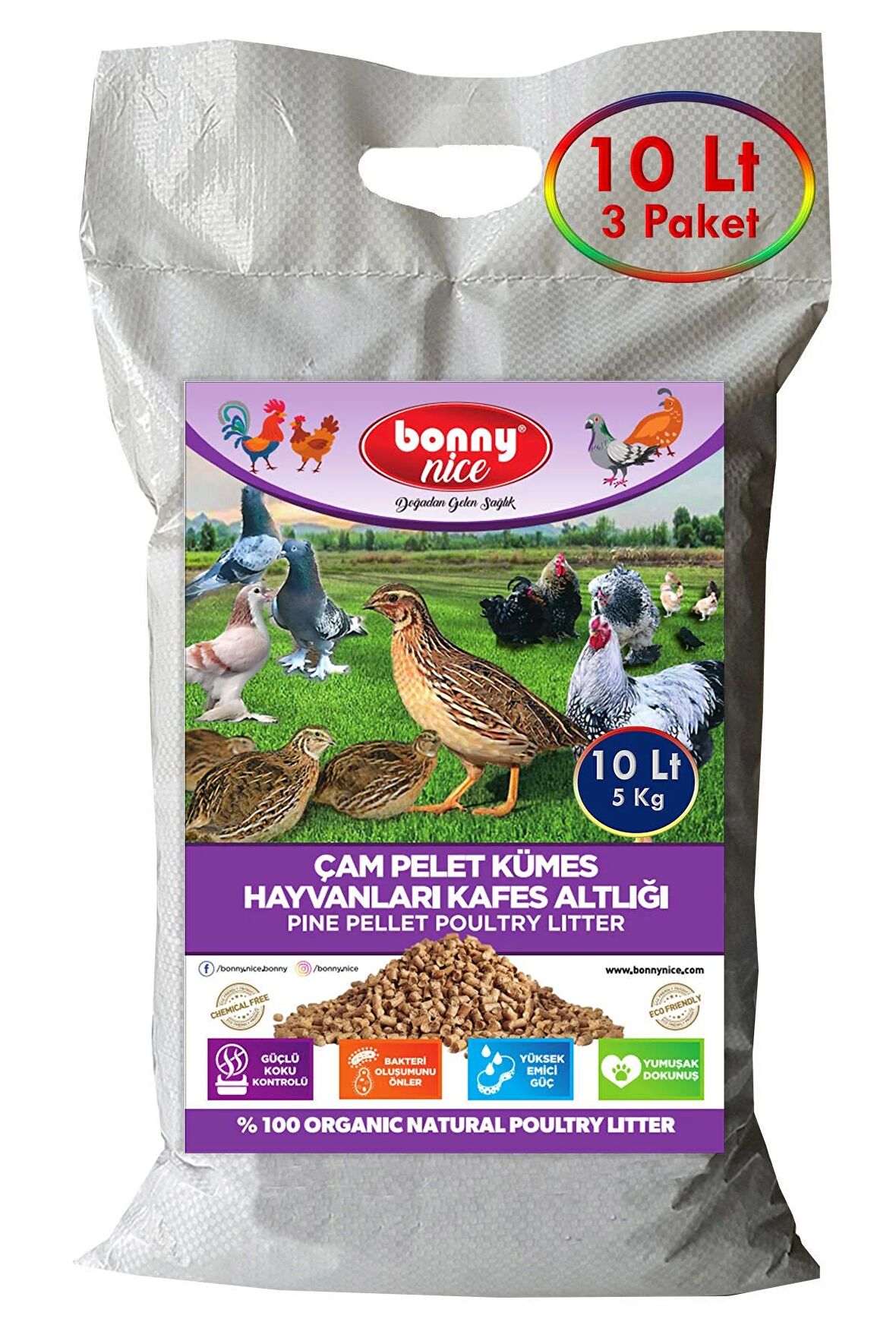 Bonny Nice Doğal Çam Pelet Bıldırcın Güvercin Süs Tavukları Kafes Altlığı 5 Kg 10 Lt (3 Adet)