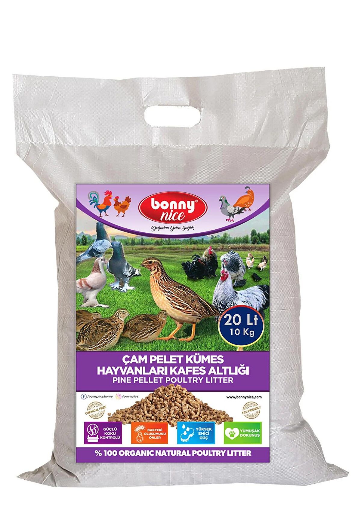 Bonny Nice Doğal Çam Pelet Bıldırcın Güvercin Süs Tavukları Kafes Altlığı 10 Kg 20 Lt