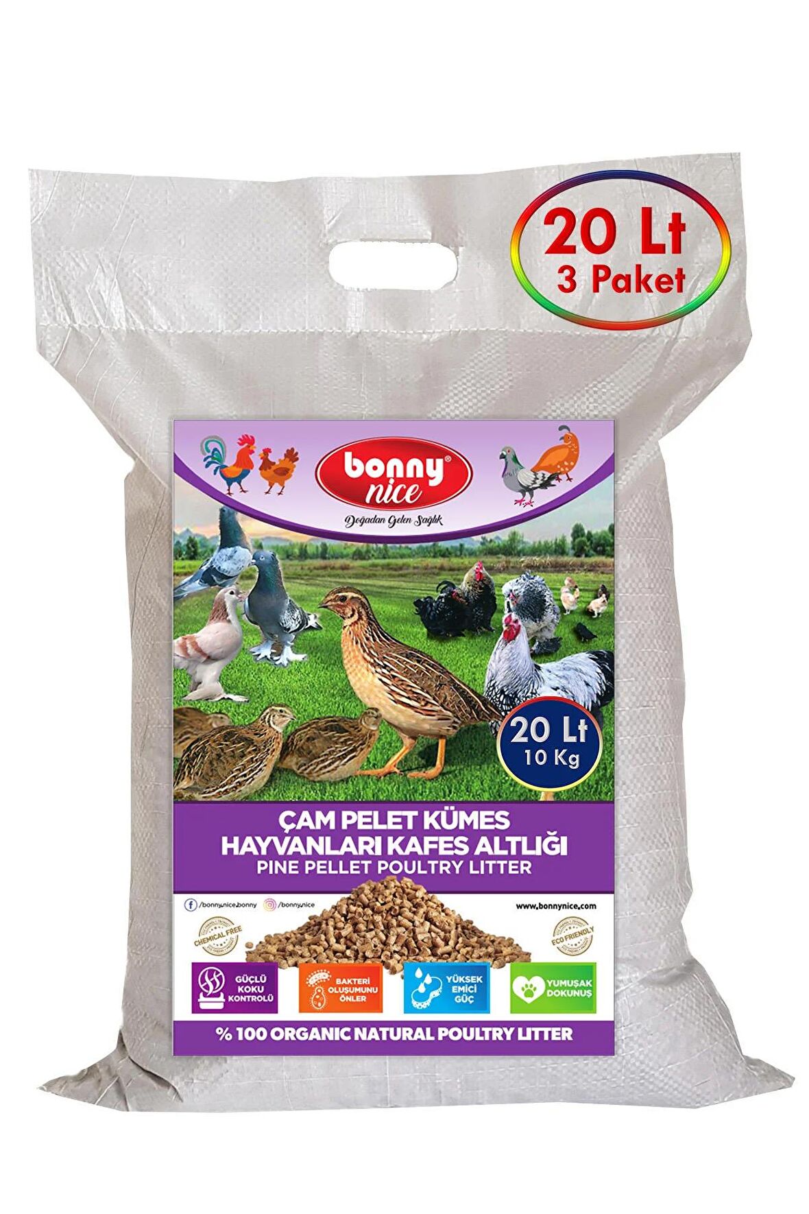 Bonny Nice Doğal Çam Pelet Bıldırcın Güvercin Süs Tavukları Kafes Altlığı 10 Kg 20 Lt (3 Paket)