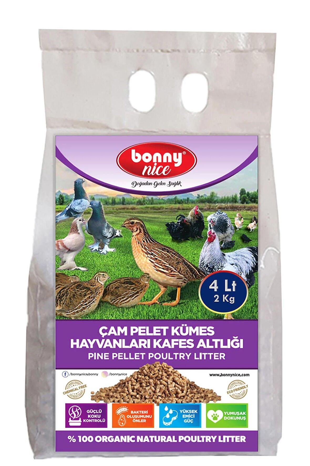 Bonny Nice Doğal Çam Pelet Bıldırcın Güvercin Süs Tavukları Kafes Altlığı 2 Kg 4 Lt