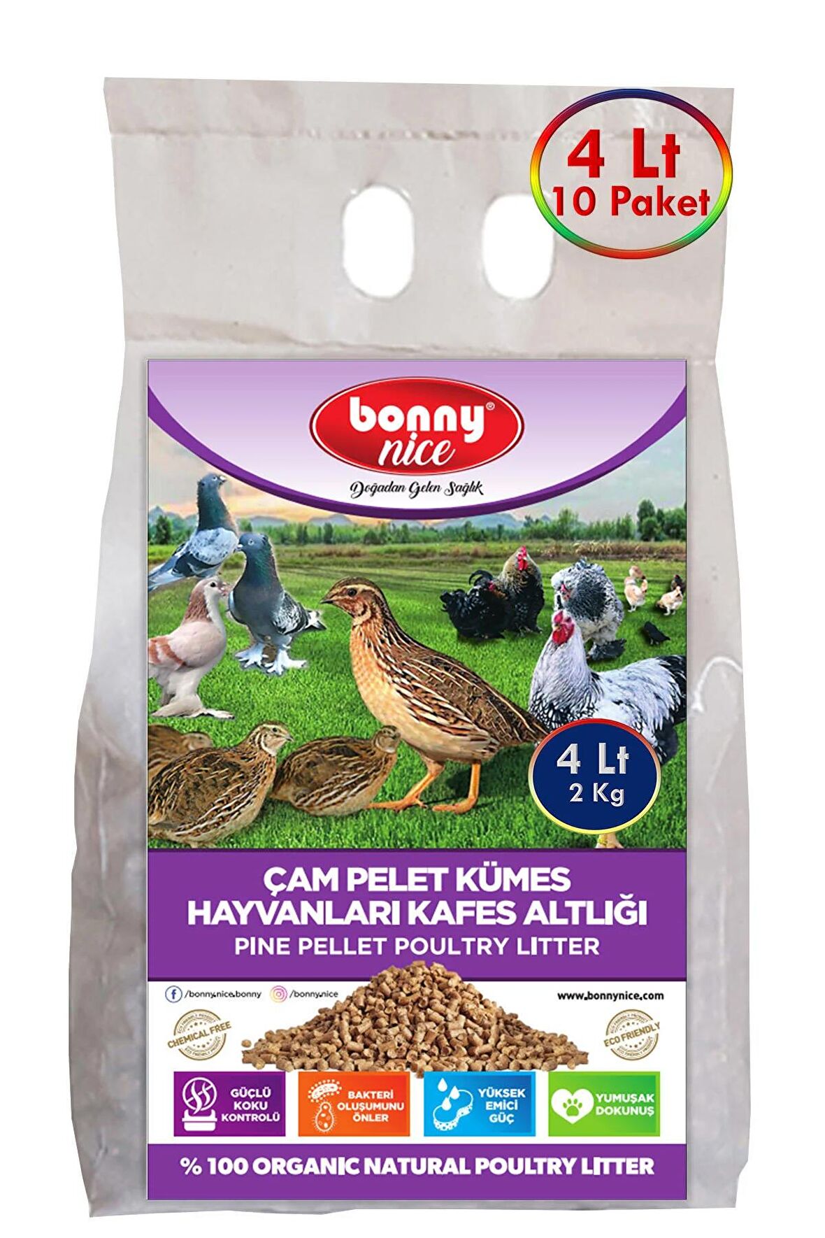 Bonny Nice Doğal Çam Pelet Bıldırcın Güvercin Süs Tavukları Kafes Altlığı 2 Kg 4 Lt (10 Adet)