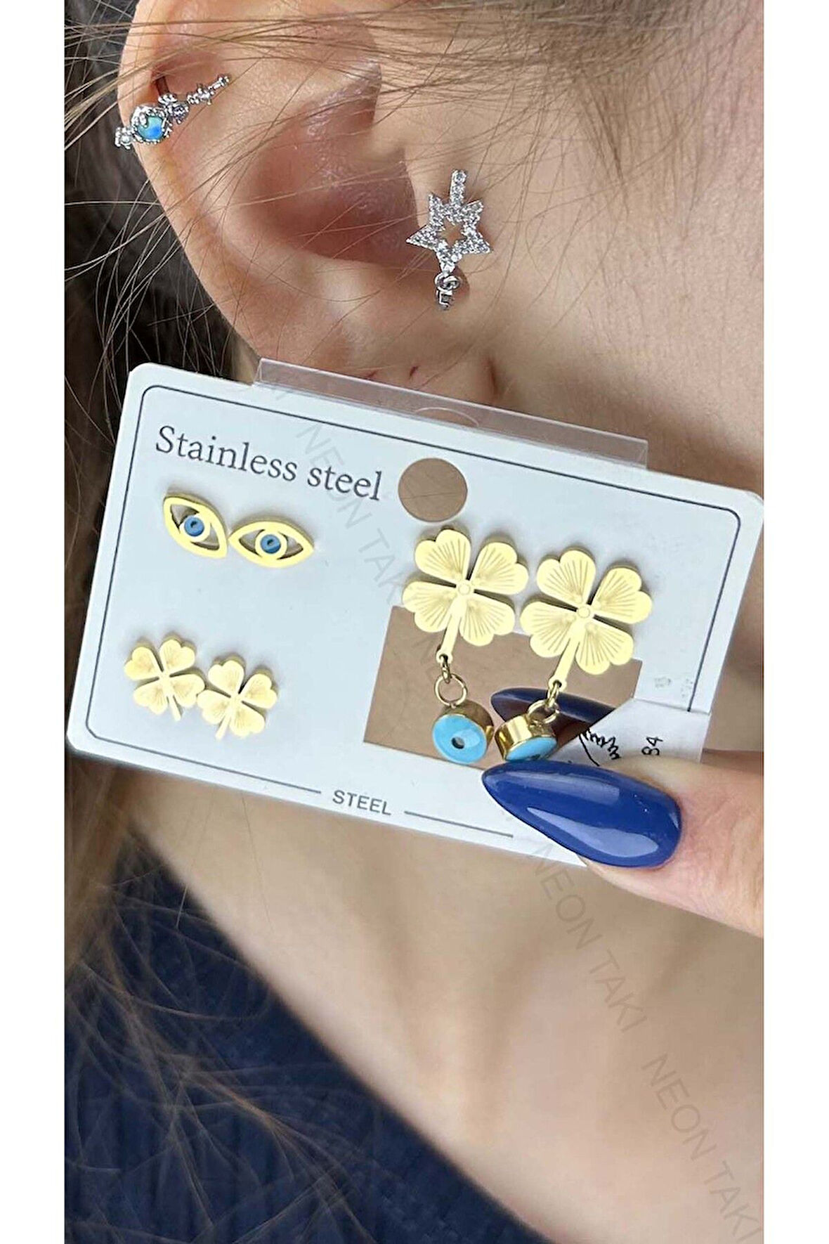 Çoklu Küpe, Yonca, Göz, Paslanmaz Çelik Küpe 84, Altın Renk