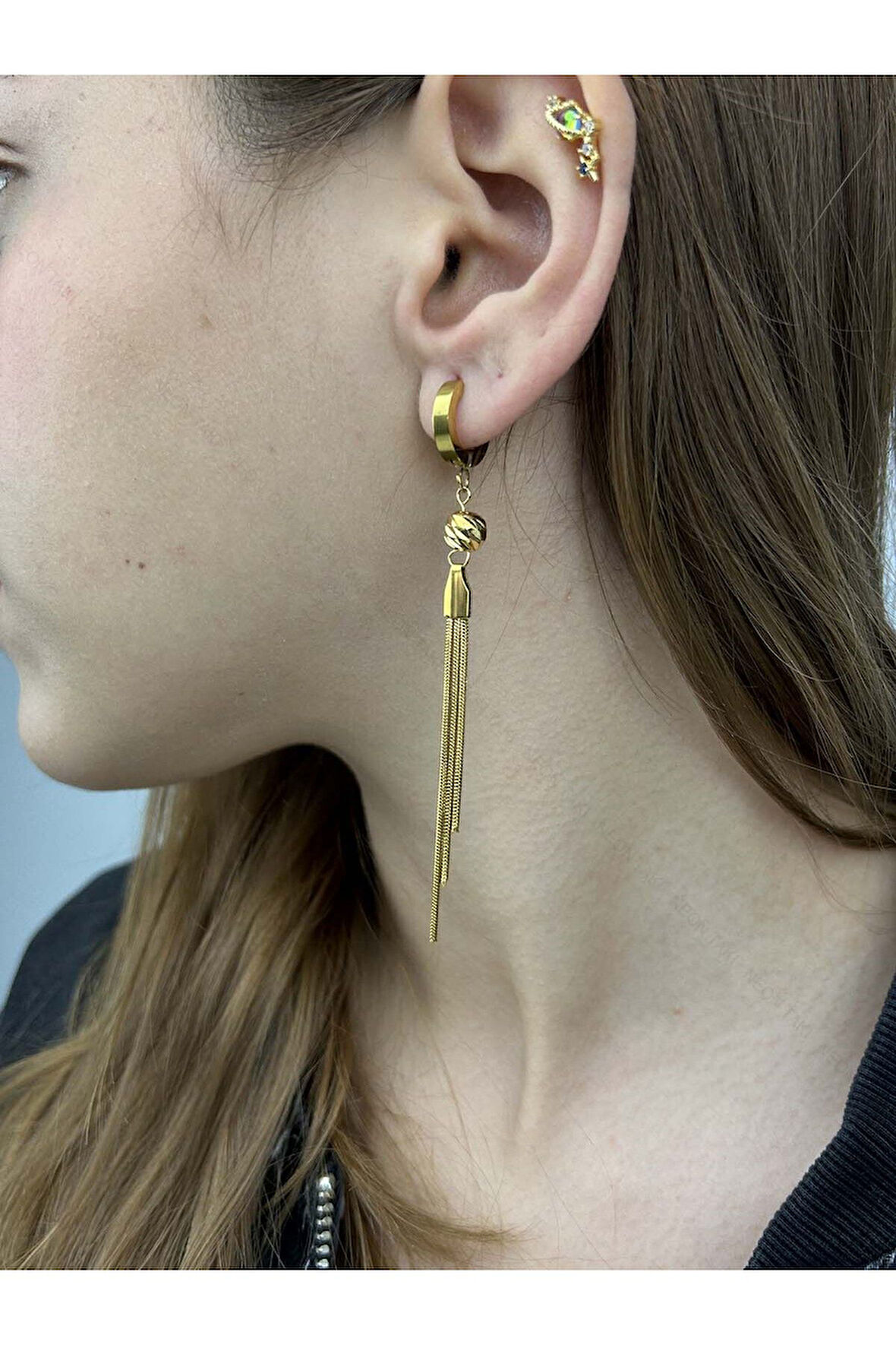 Sallantılı, Paslanmaz Çelik Küpe 136, Altın Renk