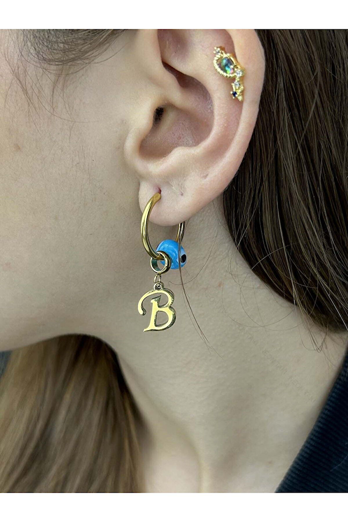 B Harfli, Nazar Boncuklu, Paslanmaz Çelik Küpe 156, Altın Renk