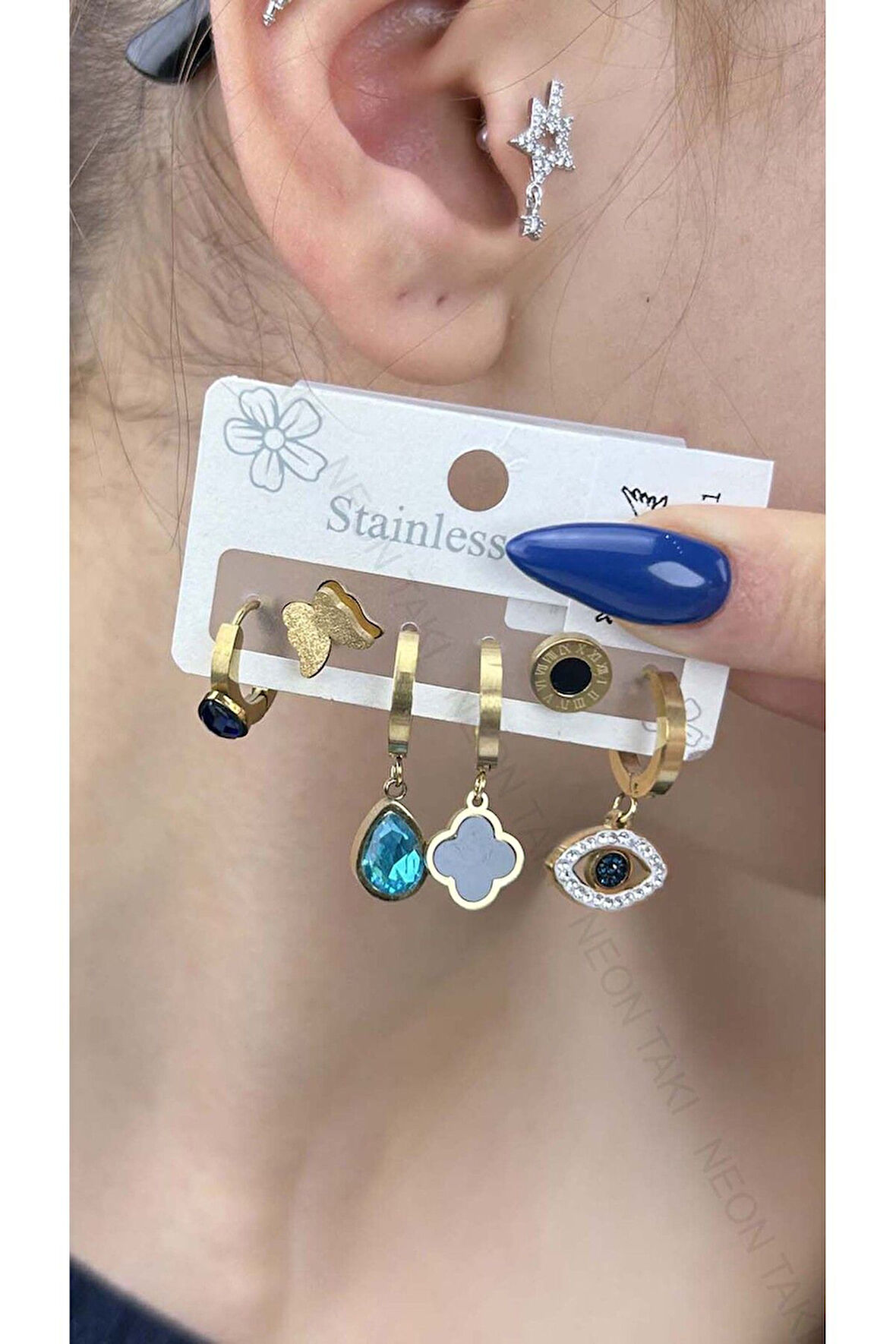 Çoklu Küpe, Sallantılı, Halka, Taşlı, Van, Göz, Paslanmaz Küpe 411 Altın Renk